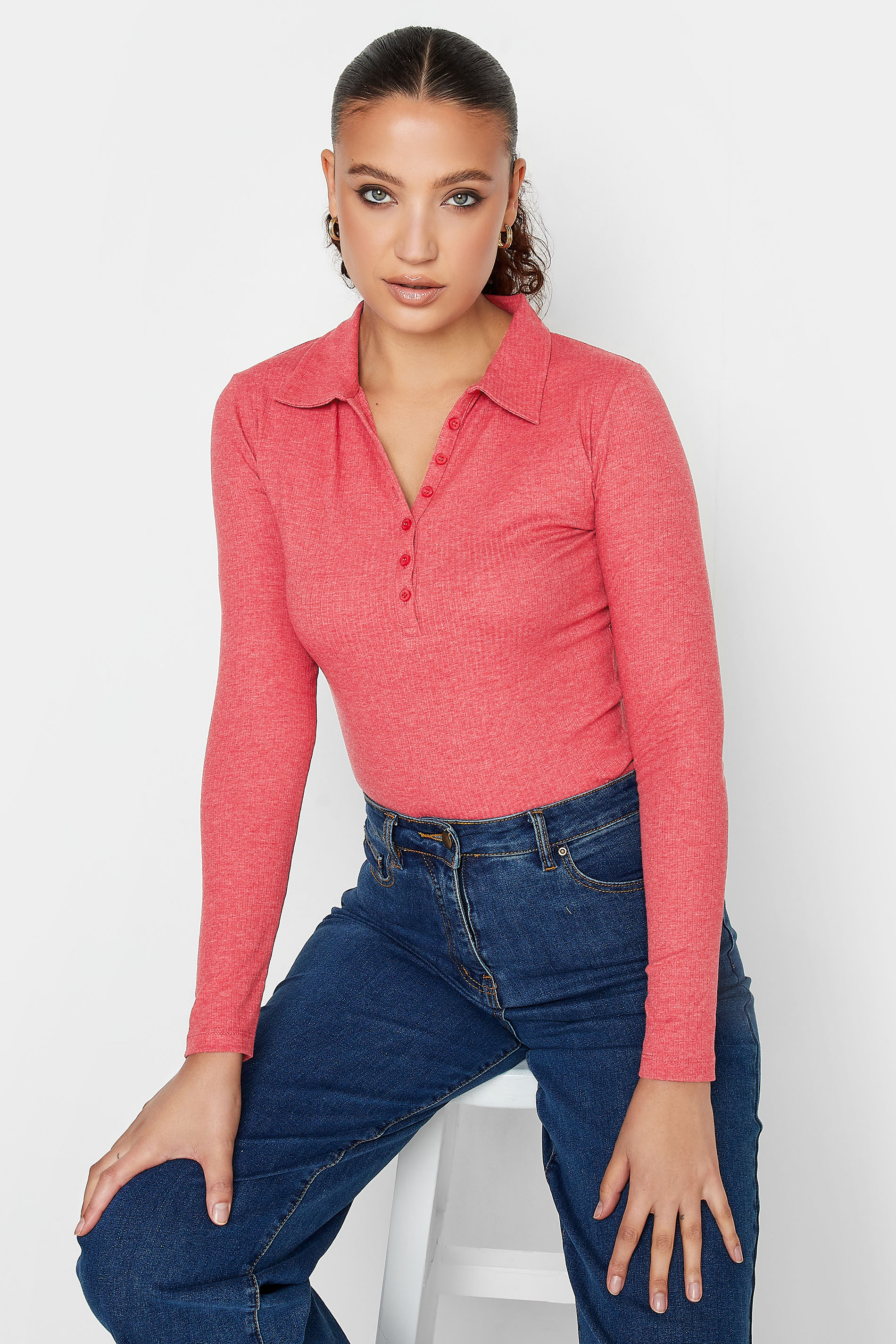 LTS Tall Women's Pink Ribbed Polo Top | Long Tall Sally 1