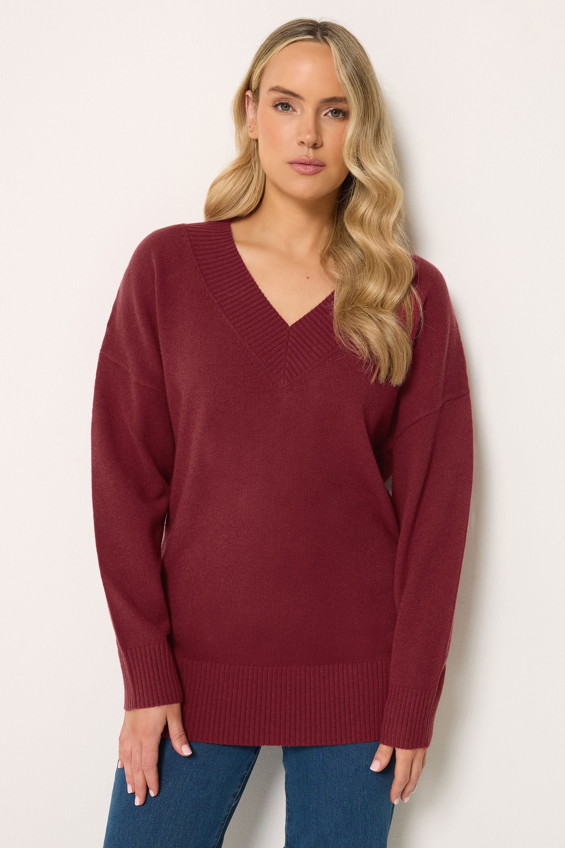 LTS Tall Women's Burgundy Red V-Neck Knitted Jumper | Long Tall Sally 3