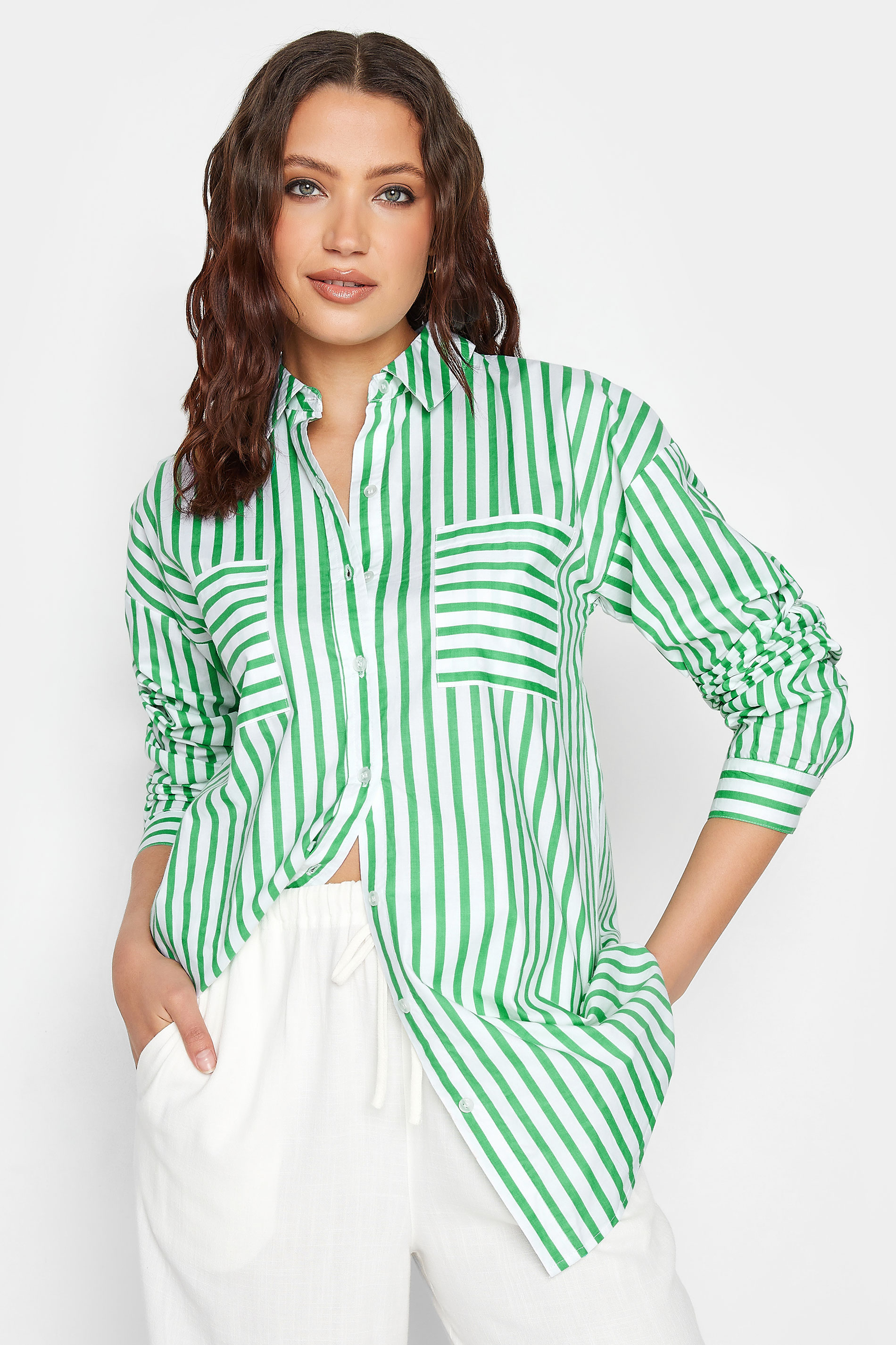 LTS Tall Women's Apple Green Stripe Oversized Cotton Shirt | Long Tall Sally 1