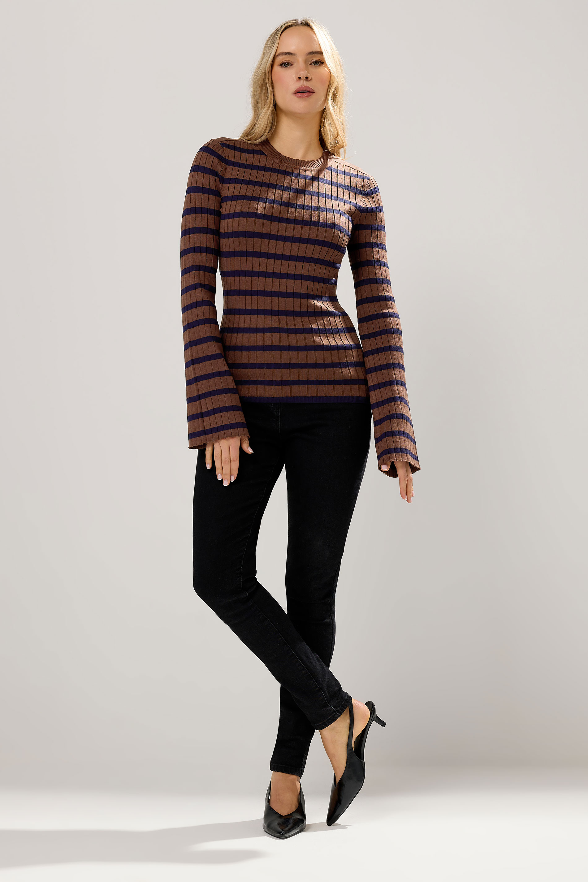 LTS Tall Chocolate Brown Striped Ribbed Jumper | Long Tall Sally 2