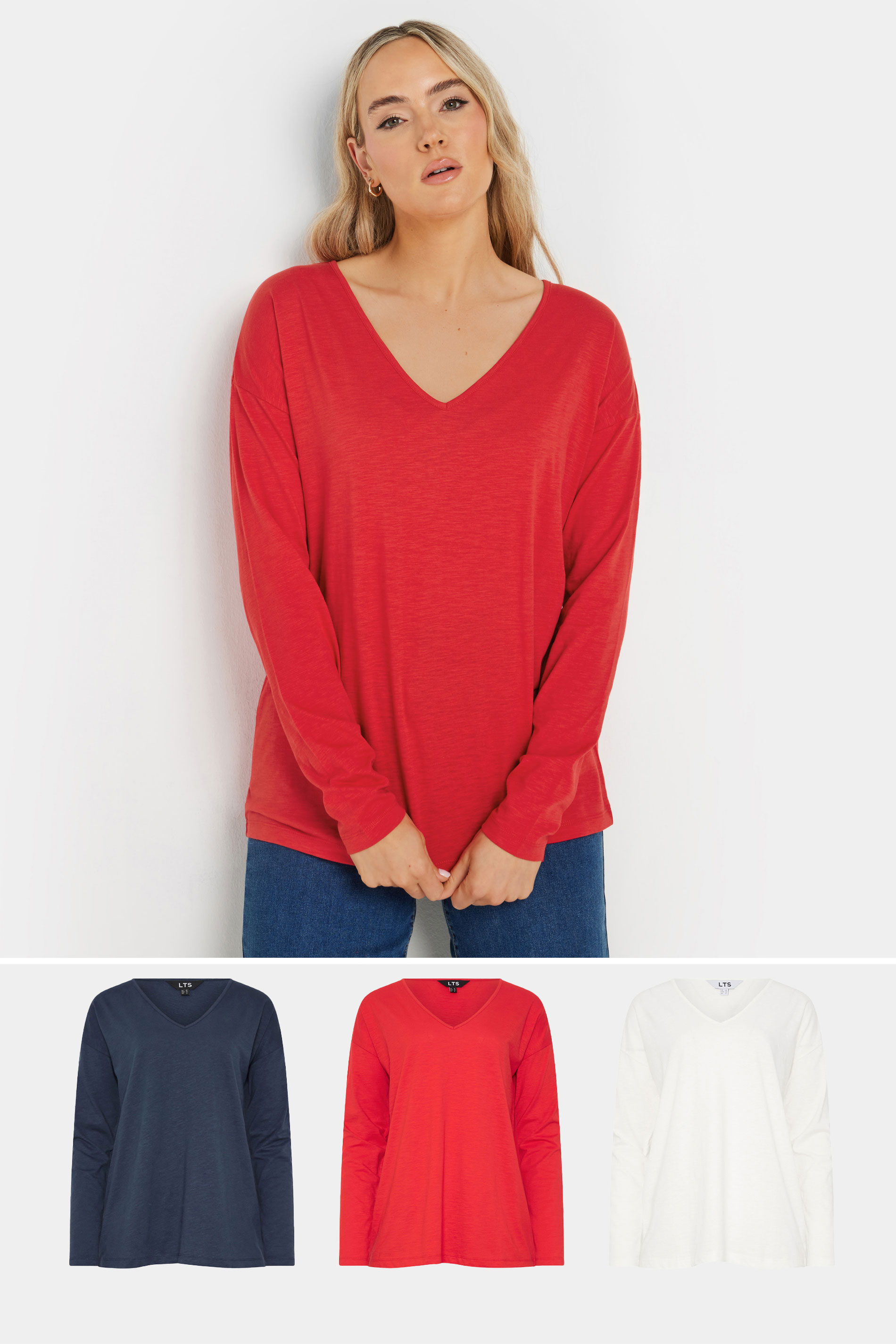 LTS Tall 3 PACK Red, Navy Blue & White V-Neck T-Shirts | Long Tall Sally 1