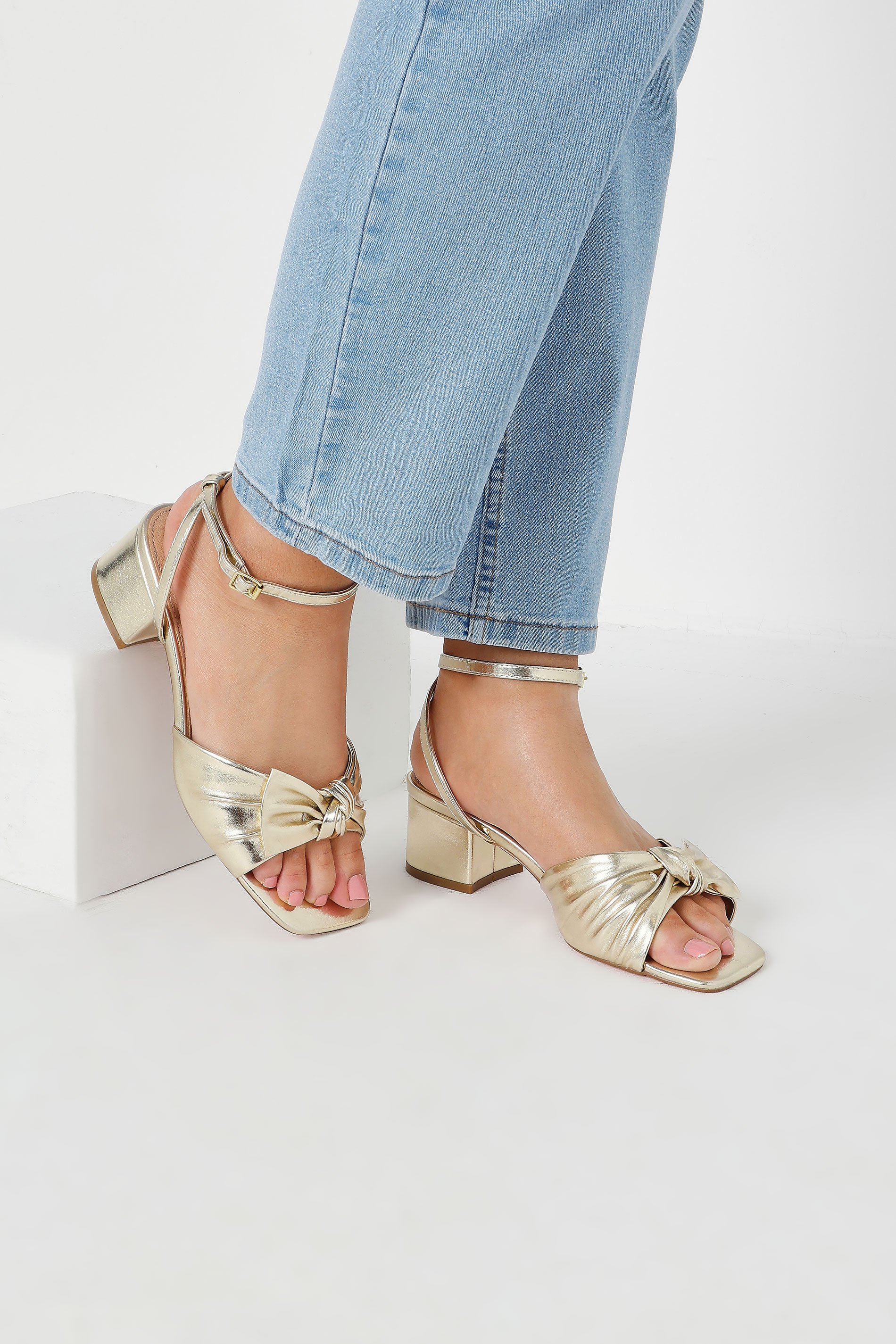 Gold Bow Strap Block Heels In Wide E Fit & Extra Wide EEE Fit | Yours Clothing 1
