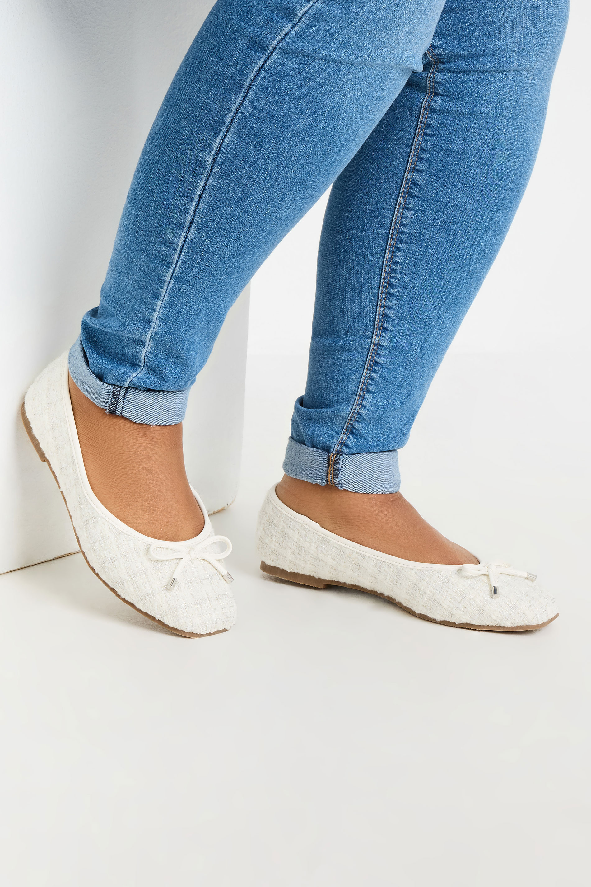 White Boucle Ballerina Pumps In Extra Wide EEE Fit | Yours Clothing 1