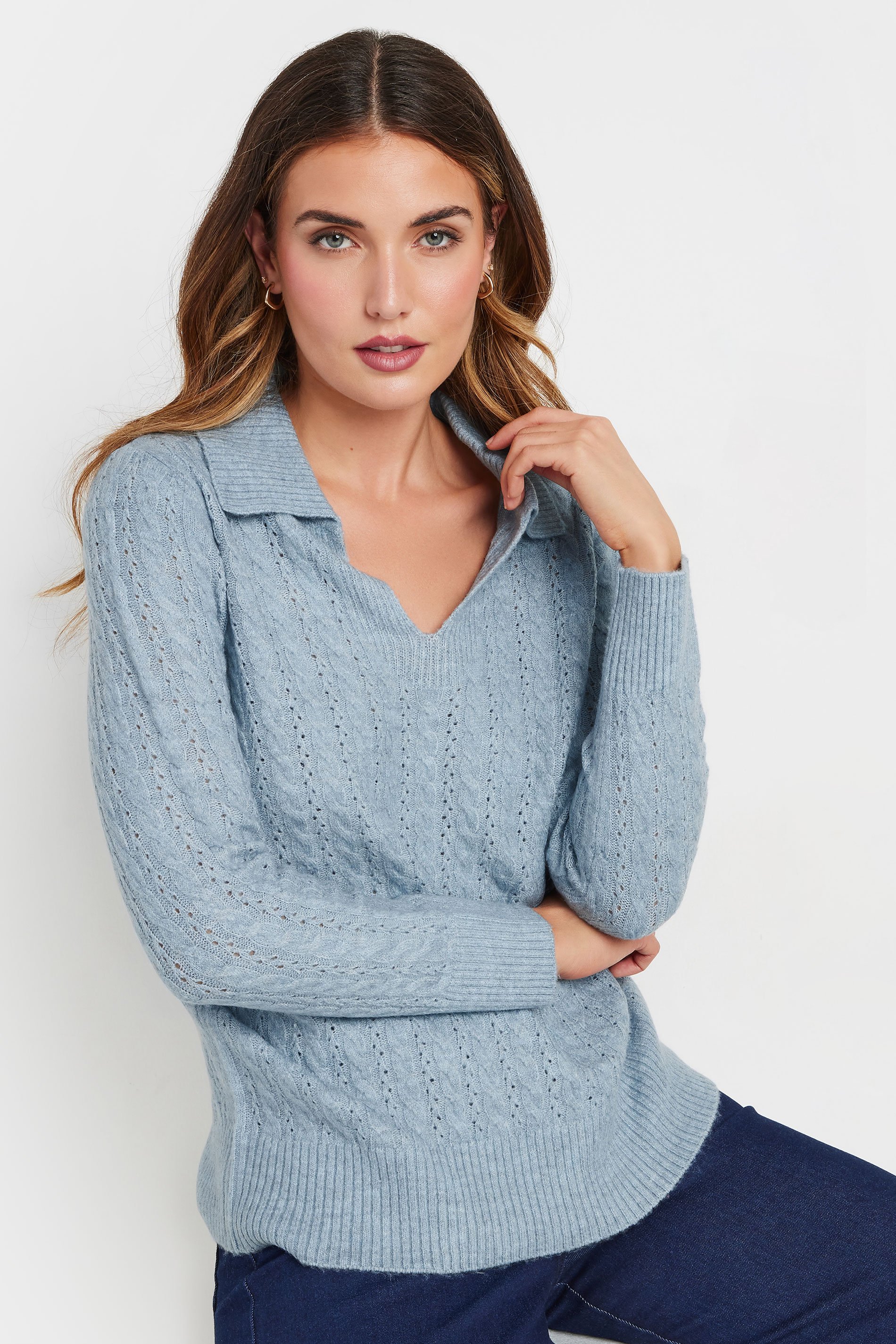 LTS Tall Blue Open Collar Cable Knit Jumper | Long Tall Sally 1