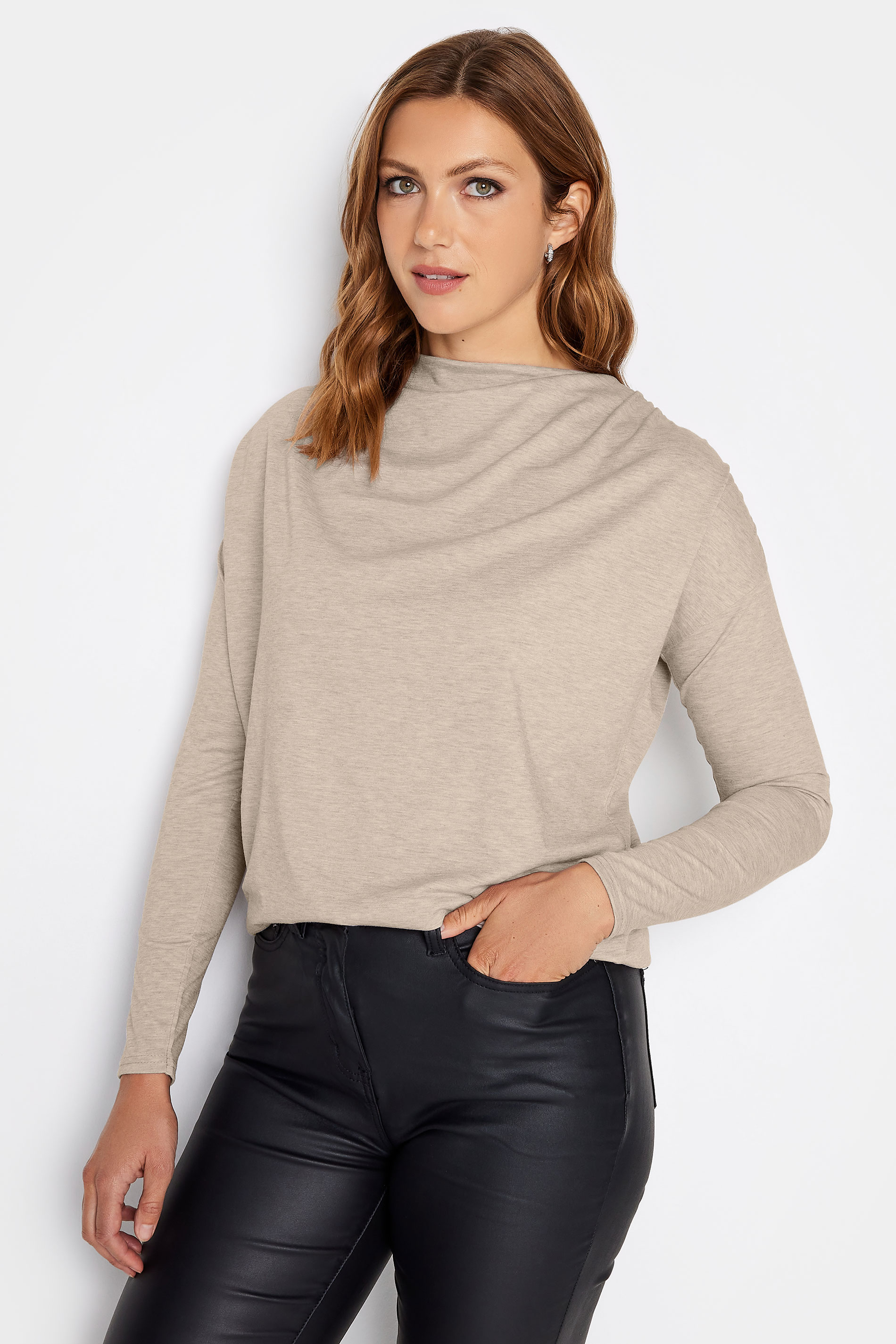 LTS Tall Oatmeal Cream Ruched Neck Top | Long Tall Sally 1