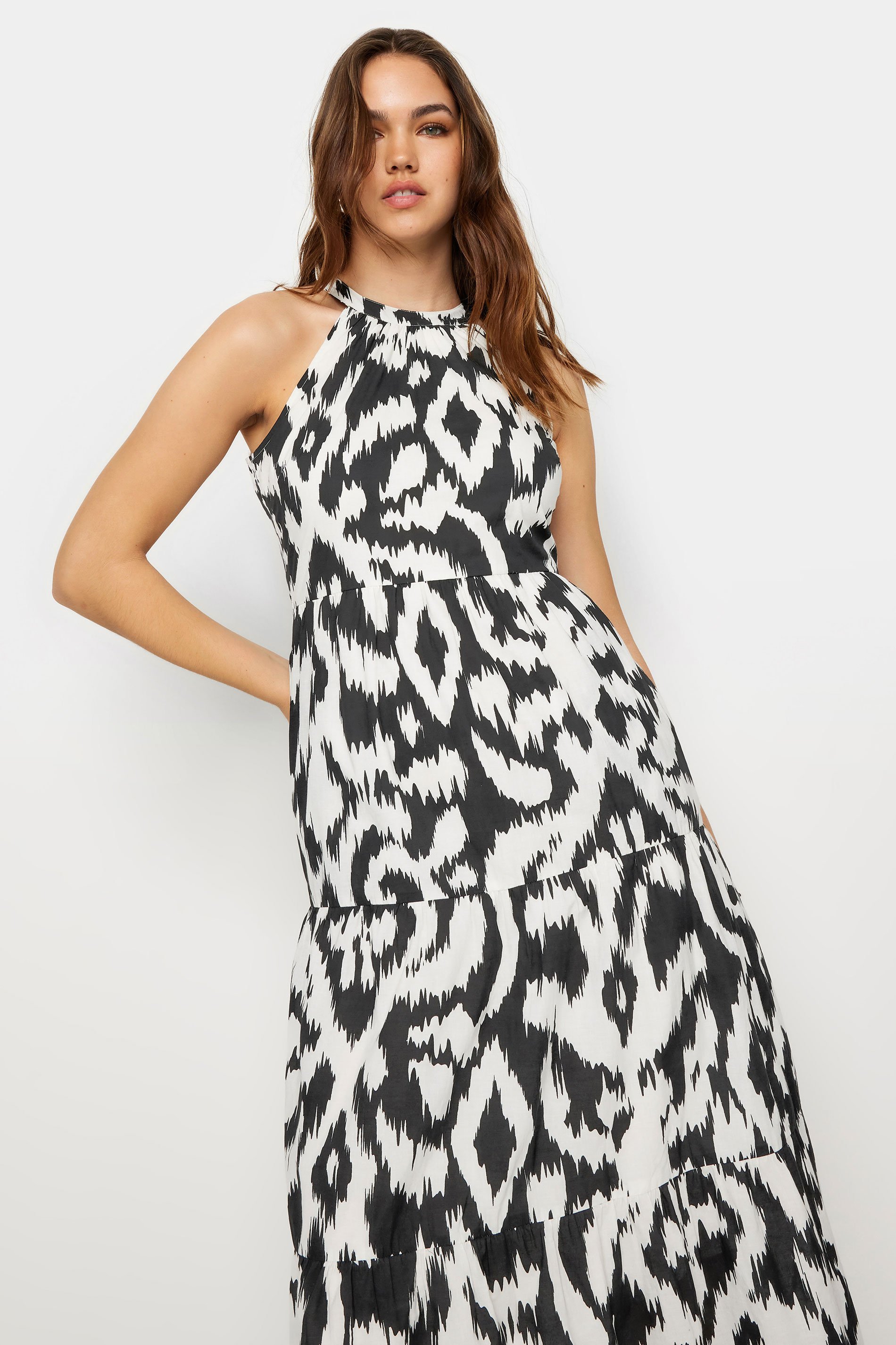 LTS Tall Black & White Cotton Abstract Print Halterneck Dress| Long Tall Sally 2