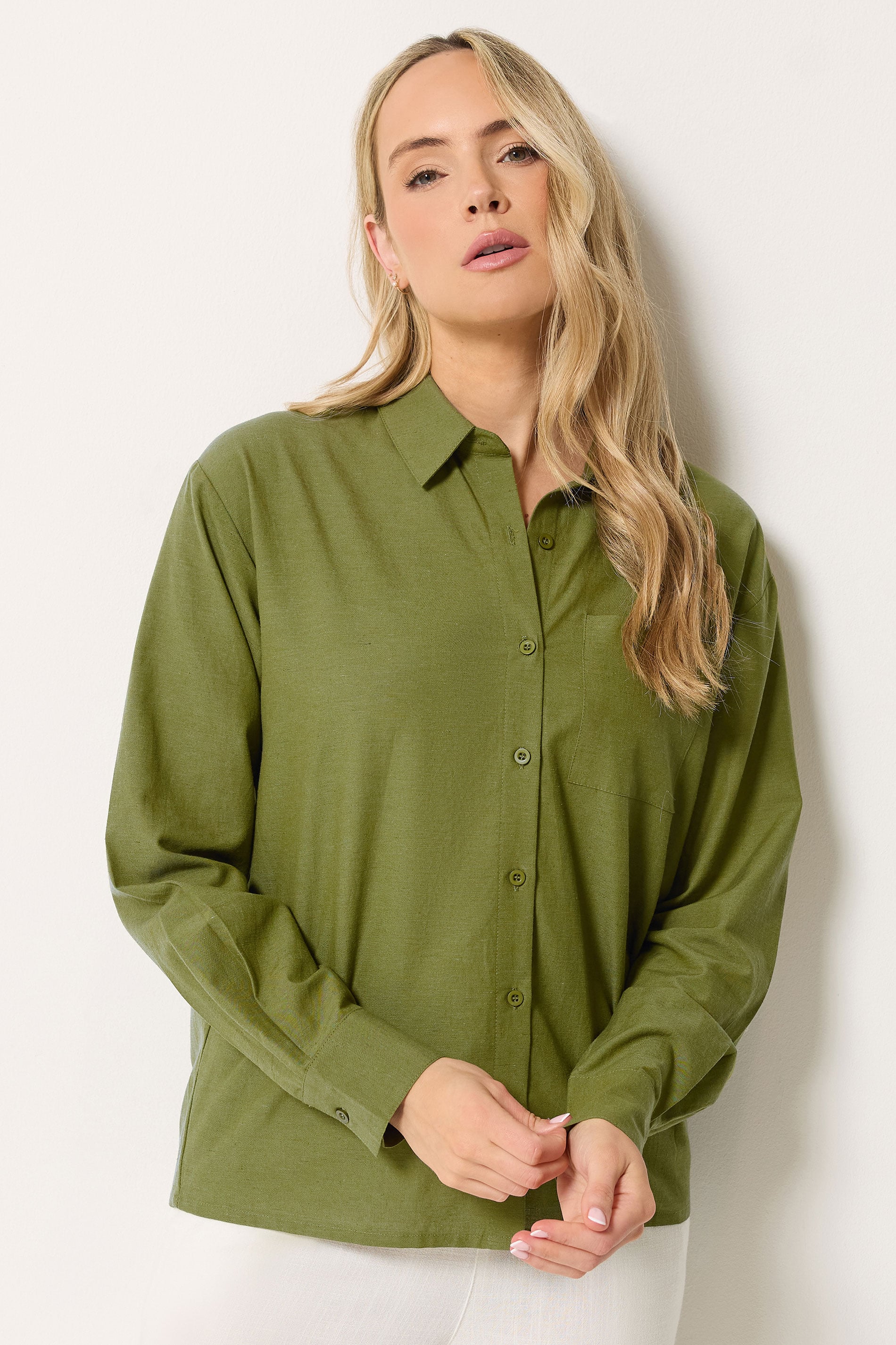 LTS Tall Women's Olive Green Relaxed Linen Long Sleeve Shirt | Long Tall Sally 1