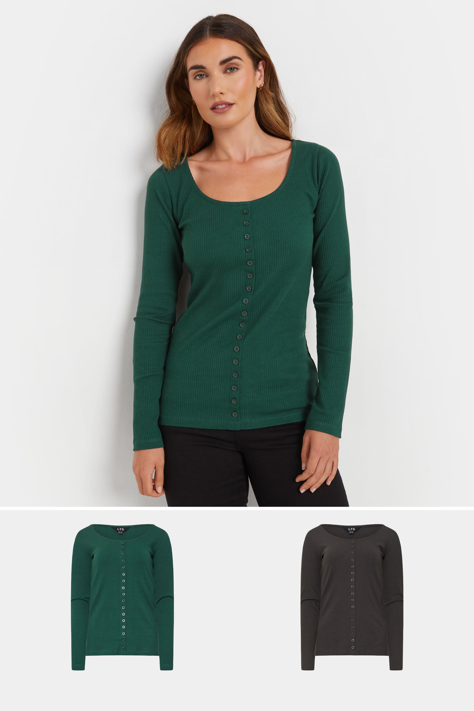LTS Tall 2 PACK Emerald Green & Grey Ribbed Button Tops | Long Tall Sally 1