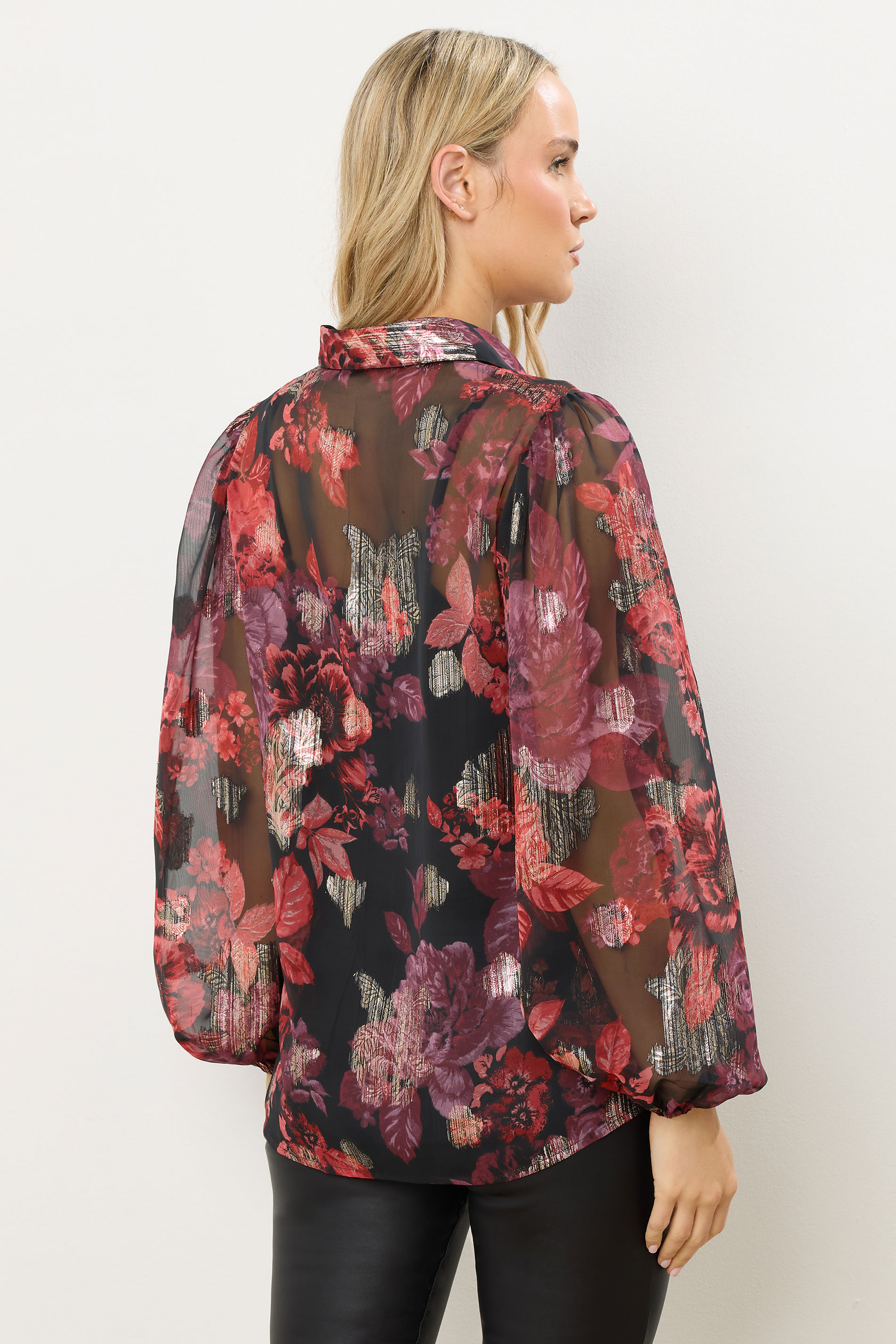 LTS Tall Black Rose Jacquard Balloon Sleeve Shirt | Long Tall Sally 3