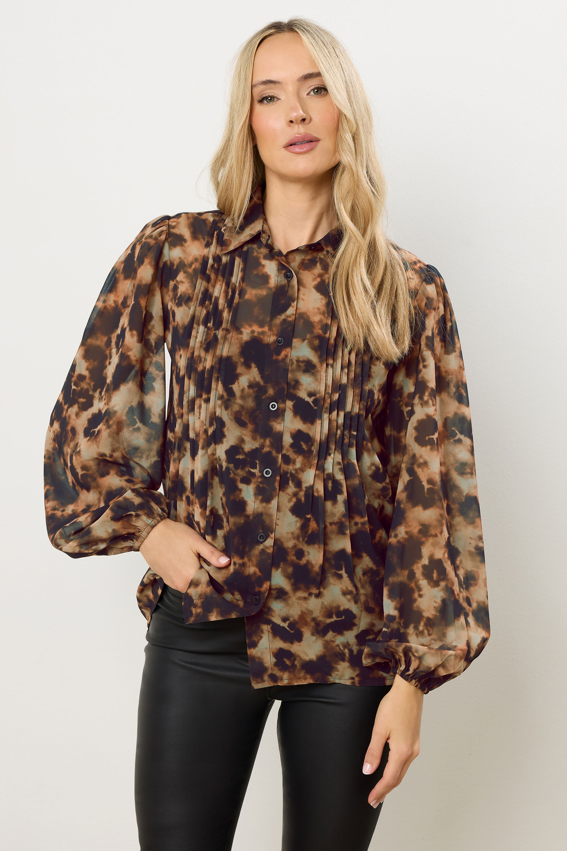 LTS Tall Brown Marble Sheer Pintuck Blouse | Long Tall Sally 1