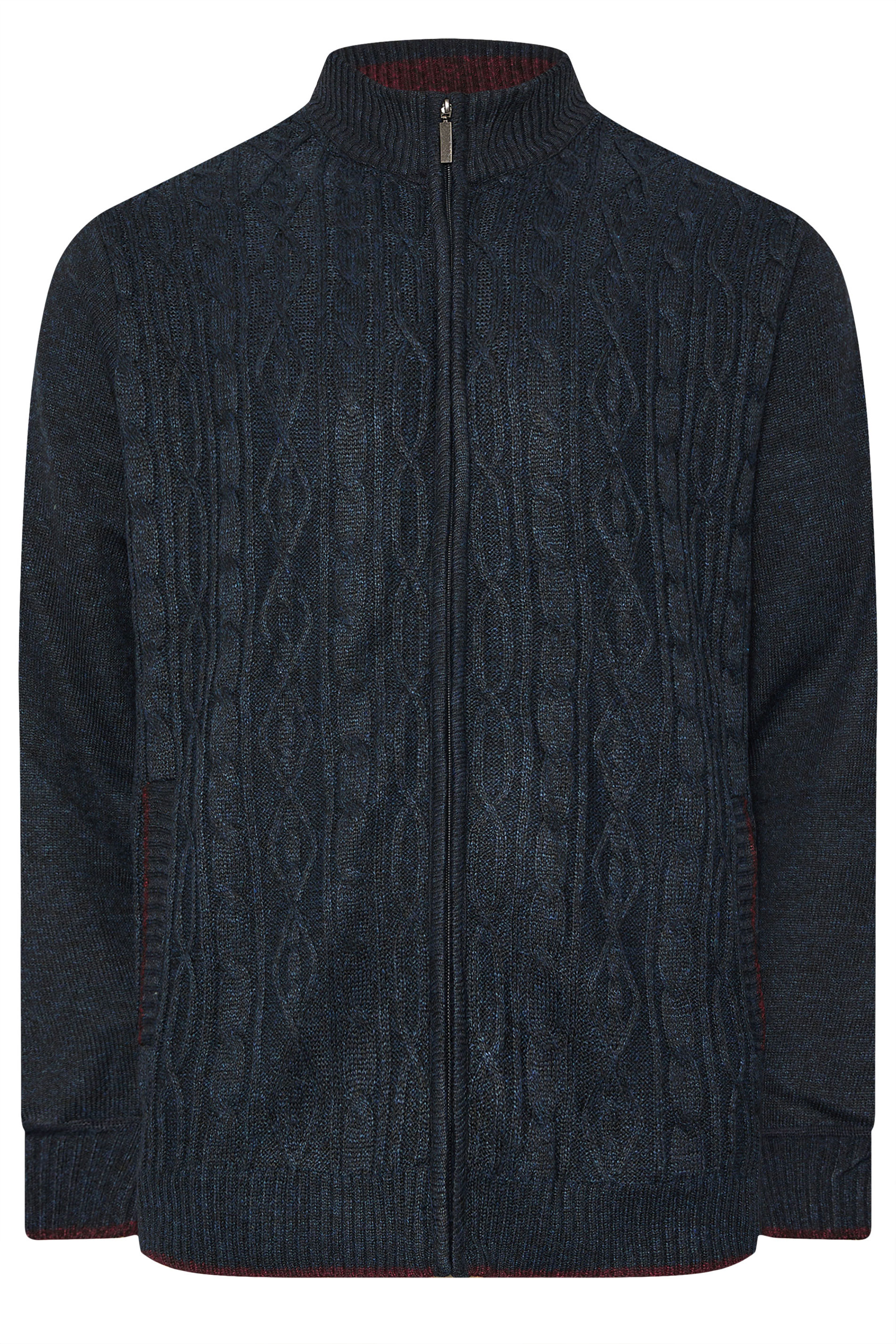 D555 Big & Tall Navy Blue Marl Zip Through Cable Knit Jumper | BadRhino 5
