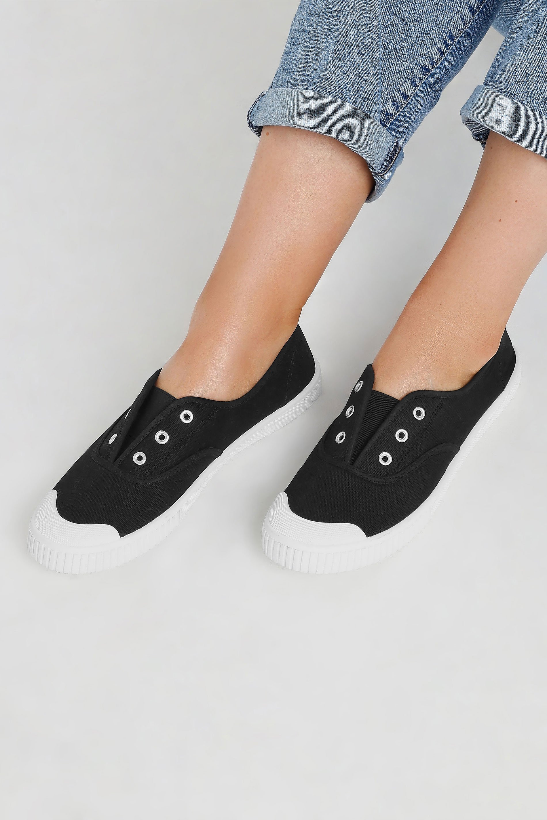 Black Canvas Slip On Trainers In Wide E Fit | Yours Clothing 1