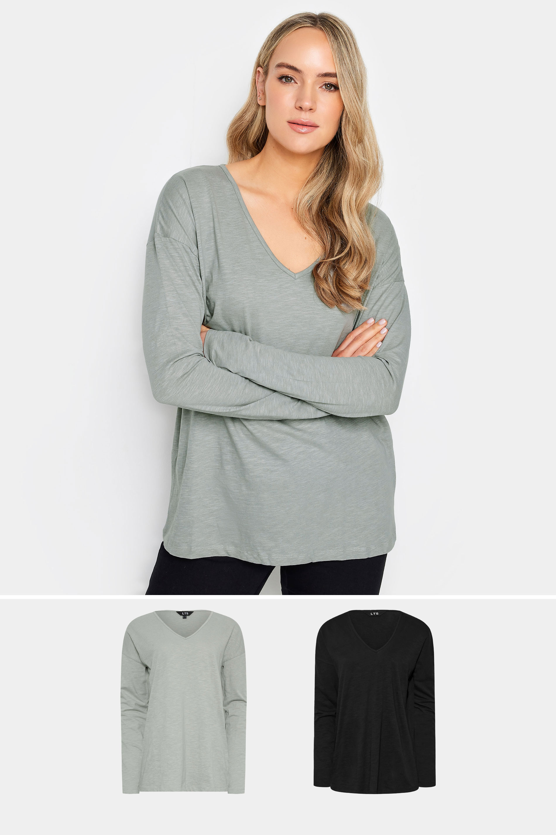 LTS Tall Light Grey & Black V-Neck Long Sleeve Cotton T-Shirt | Long Tall Sally 1