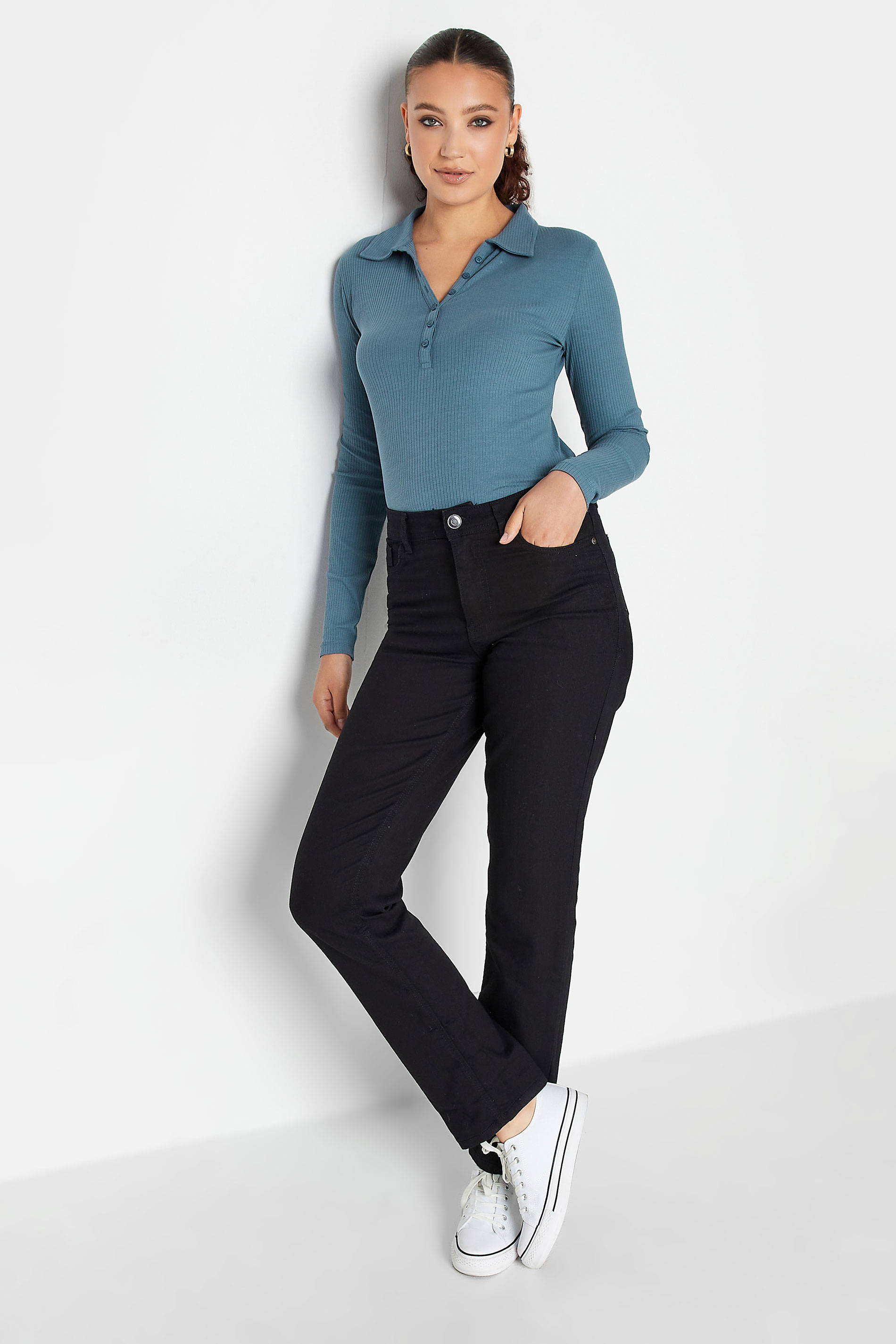 LTS Tall Blue Ribbed Button Detail Collared Top | Long Tall Sally 2