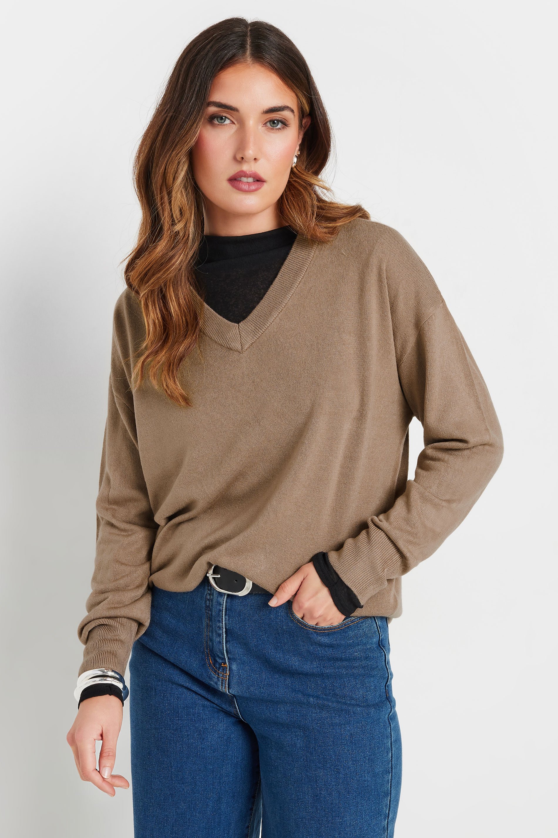 LTS Tall Beige Brown Long Sleeve V-Neck Jumper | Long Tall Sally 5