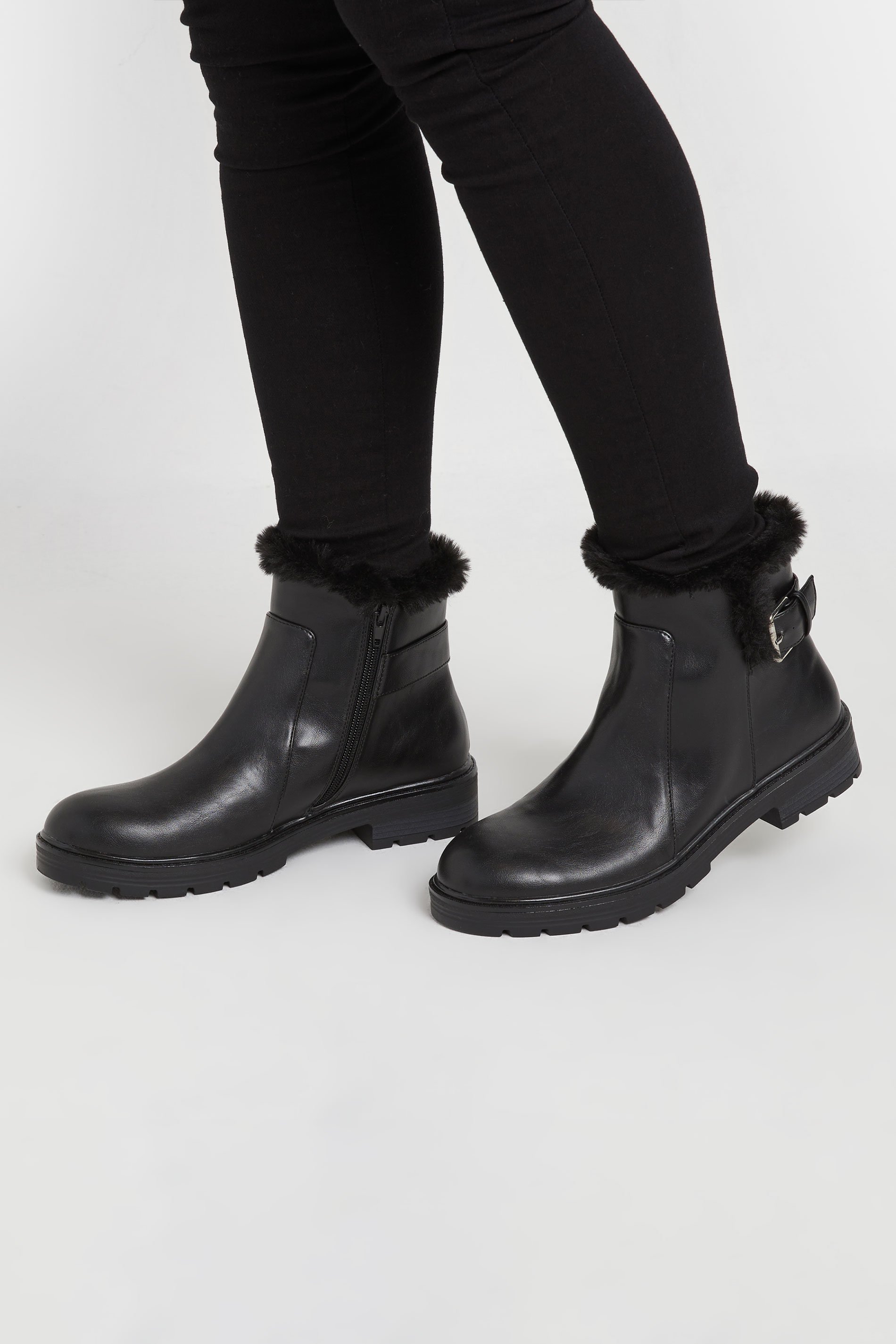 LTS Black Faux Fur Lined Biker Boots In Standard Fit | Long Tall Sally 1