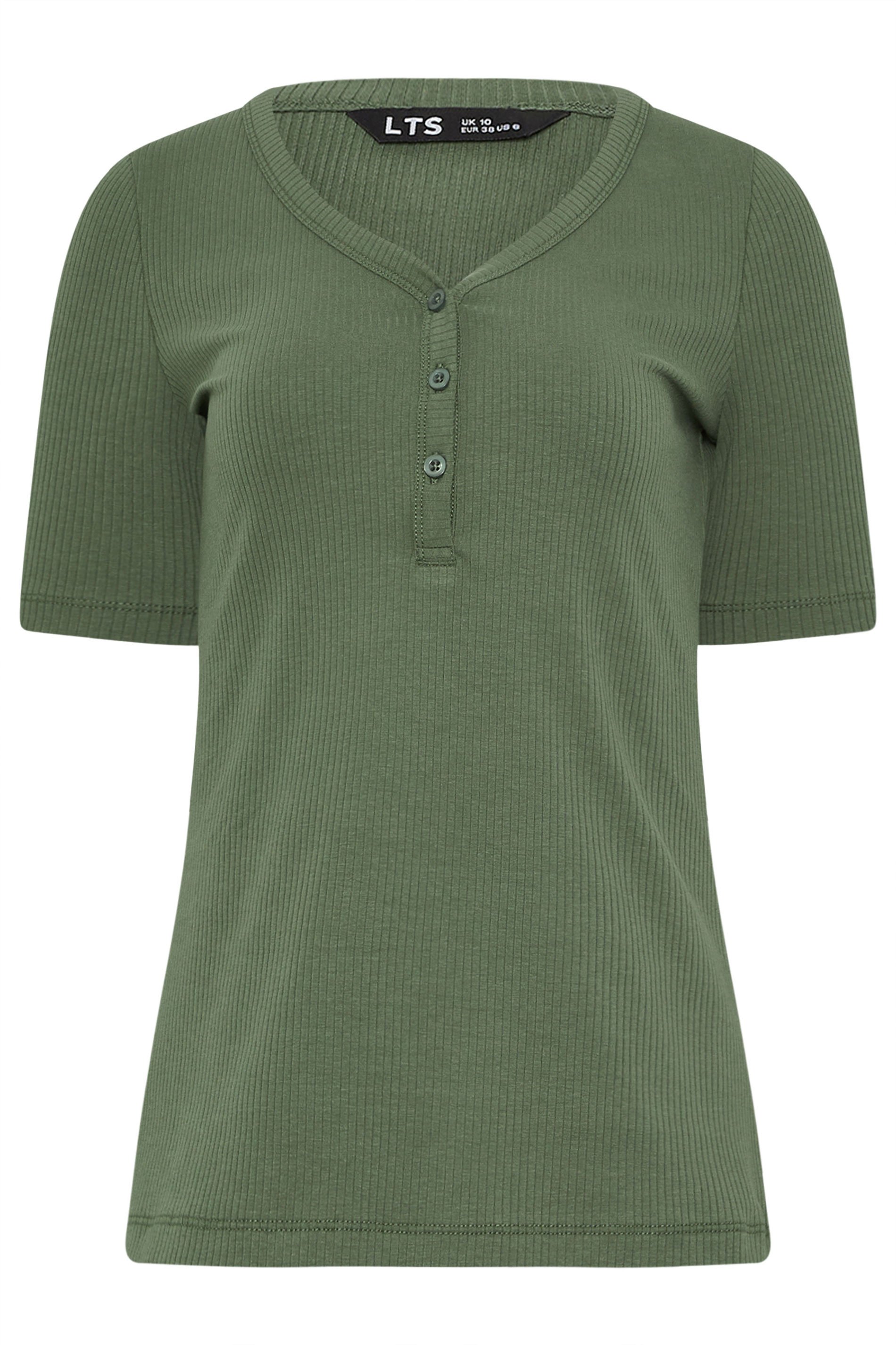 LTS Tall Green Ribbed Short Sleeve Henley Top | Long Tall Sally 1