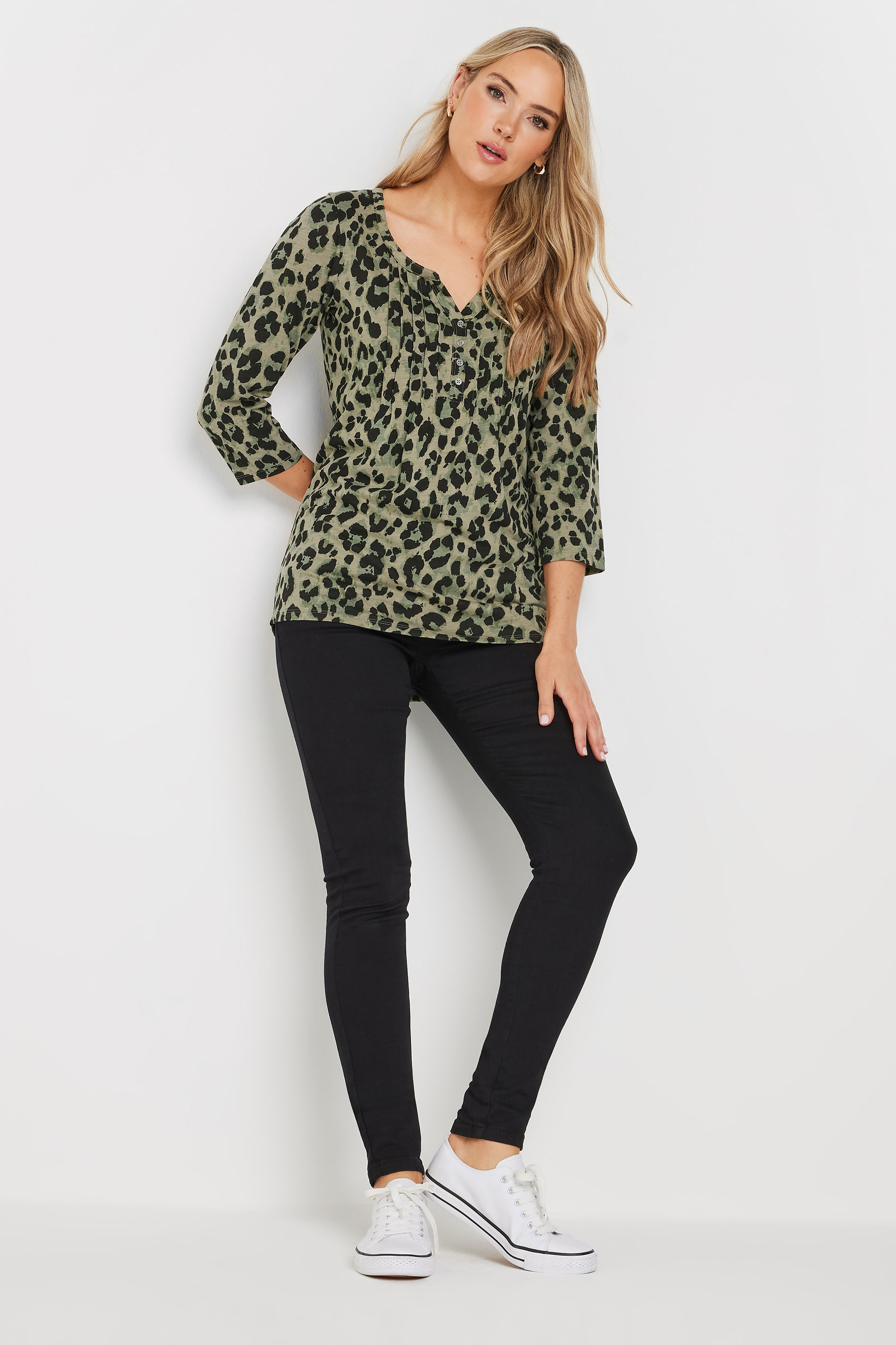 LTS Tall Khaki Green Leopard Print Henley Top | Long Tall Sally 2