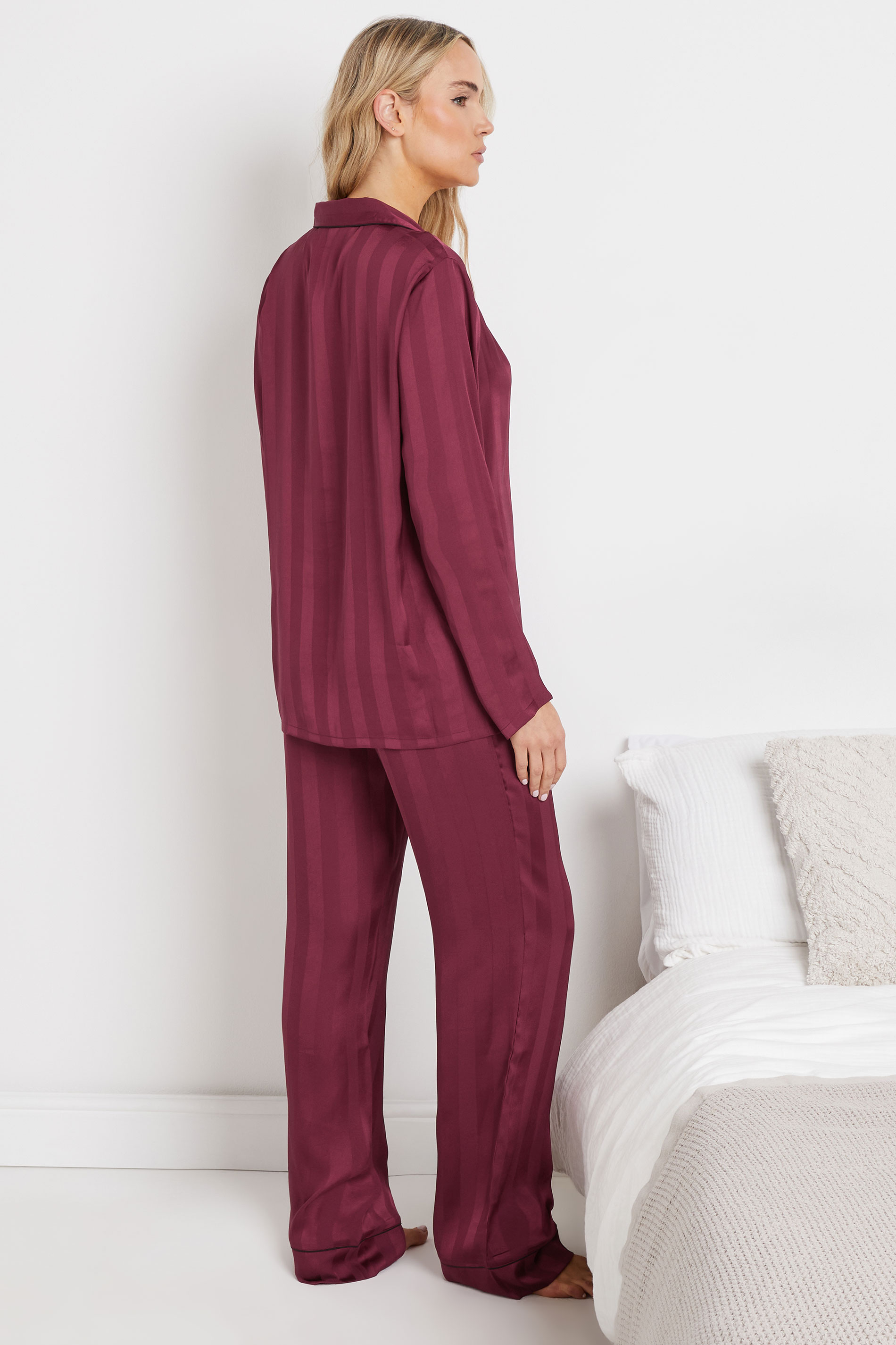 LTS Tall Burgundy Red Satin Jacquard Stripe Pyjama Set | Long Tall Sally 3