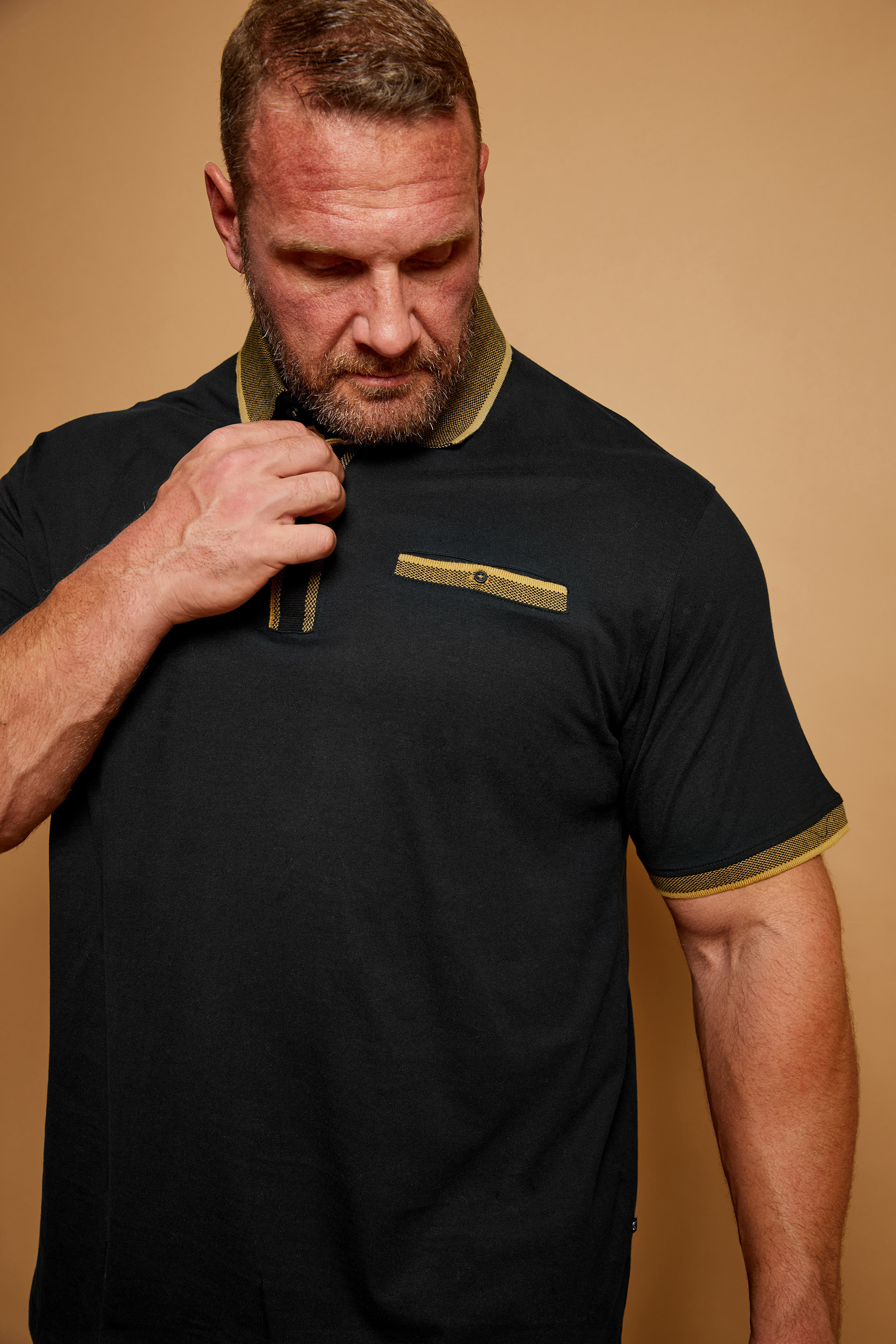 KAM Big & Tall Black Jacquard Collar Polo Shirt | BadRhino 1