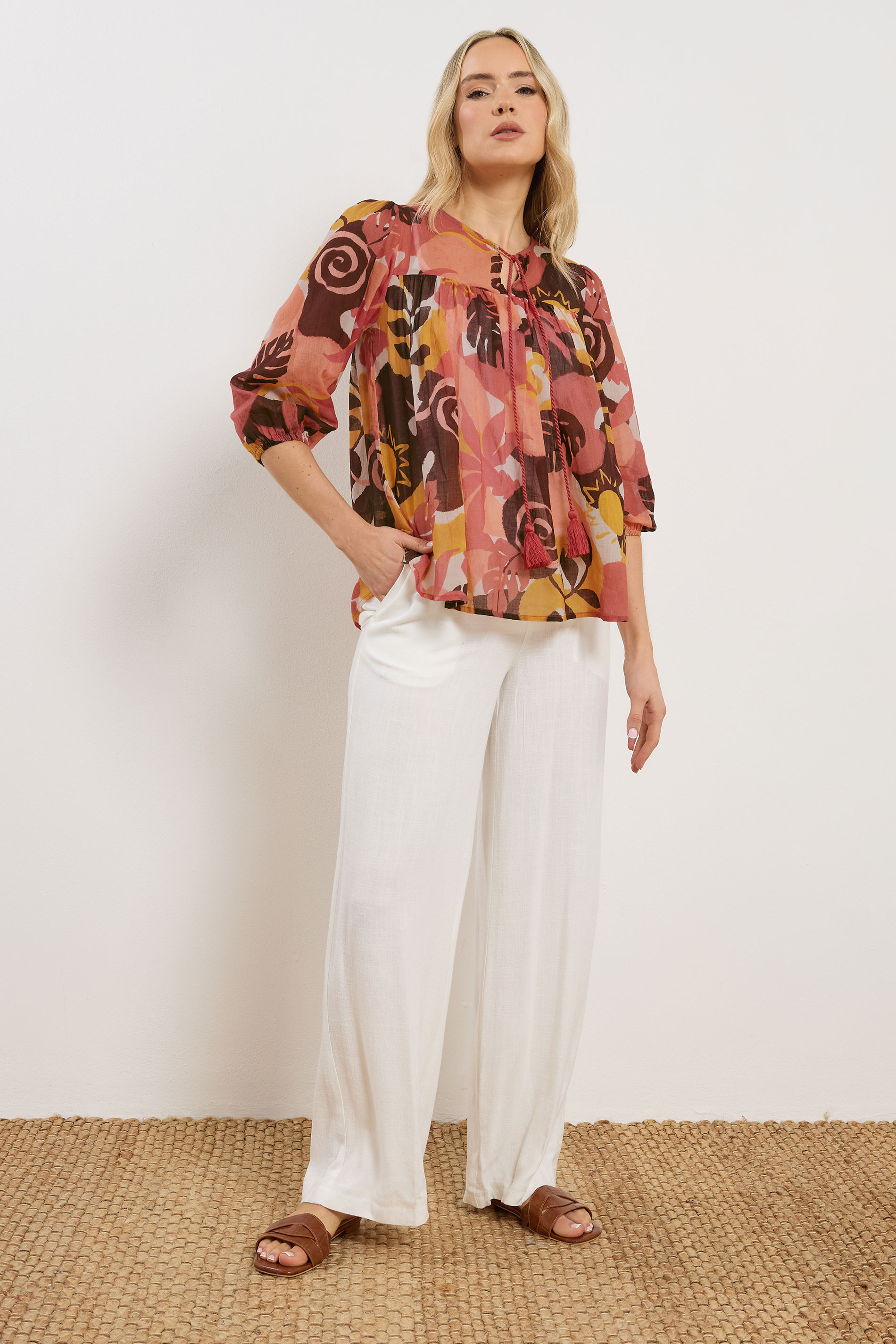 LTS Tall Women's Rust Orange Abstract Tie Neck Cotton Blouse | Long Tall Sally 1
