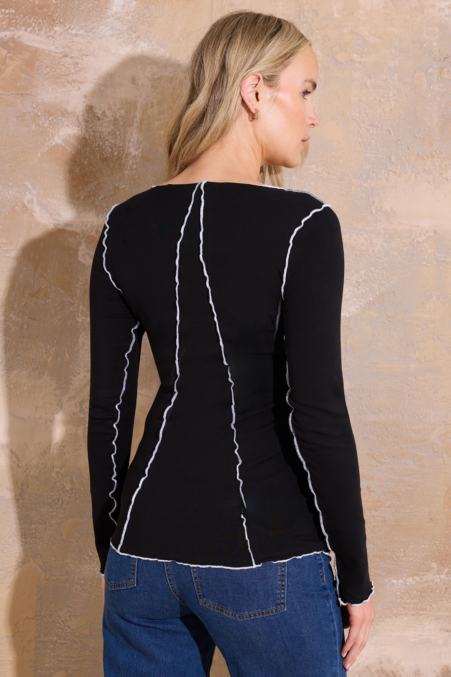 LTS Tall Maternity Black Contrast Stitch Ribbed Top | Long Tall Sally 3