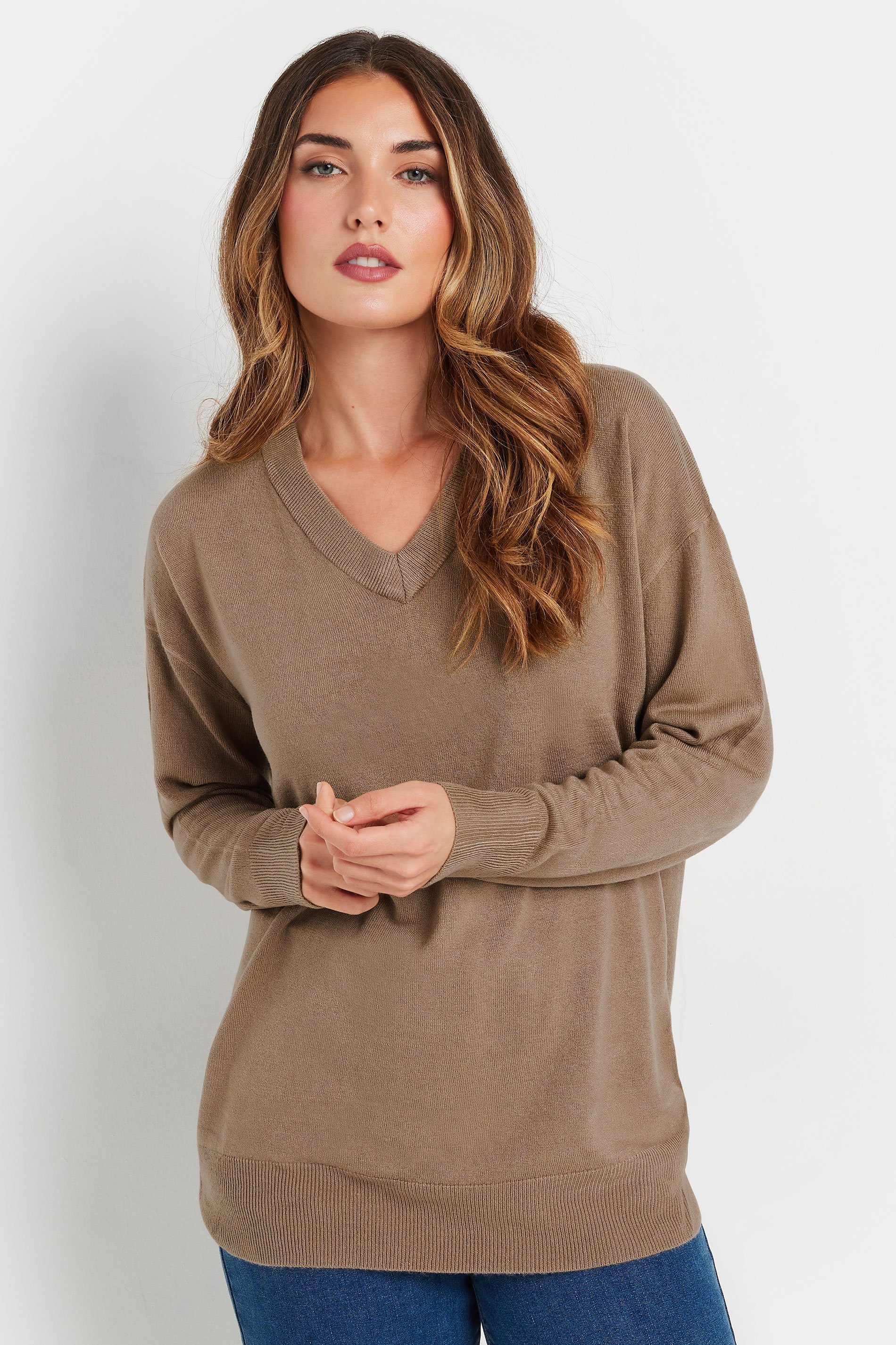 LTS Tall Beige Brown Long Sleeve V-Neck Jumper | Long Tall Sally 1