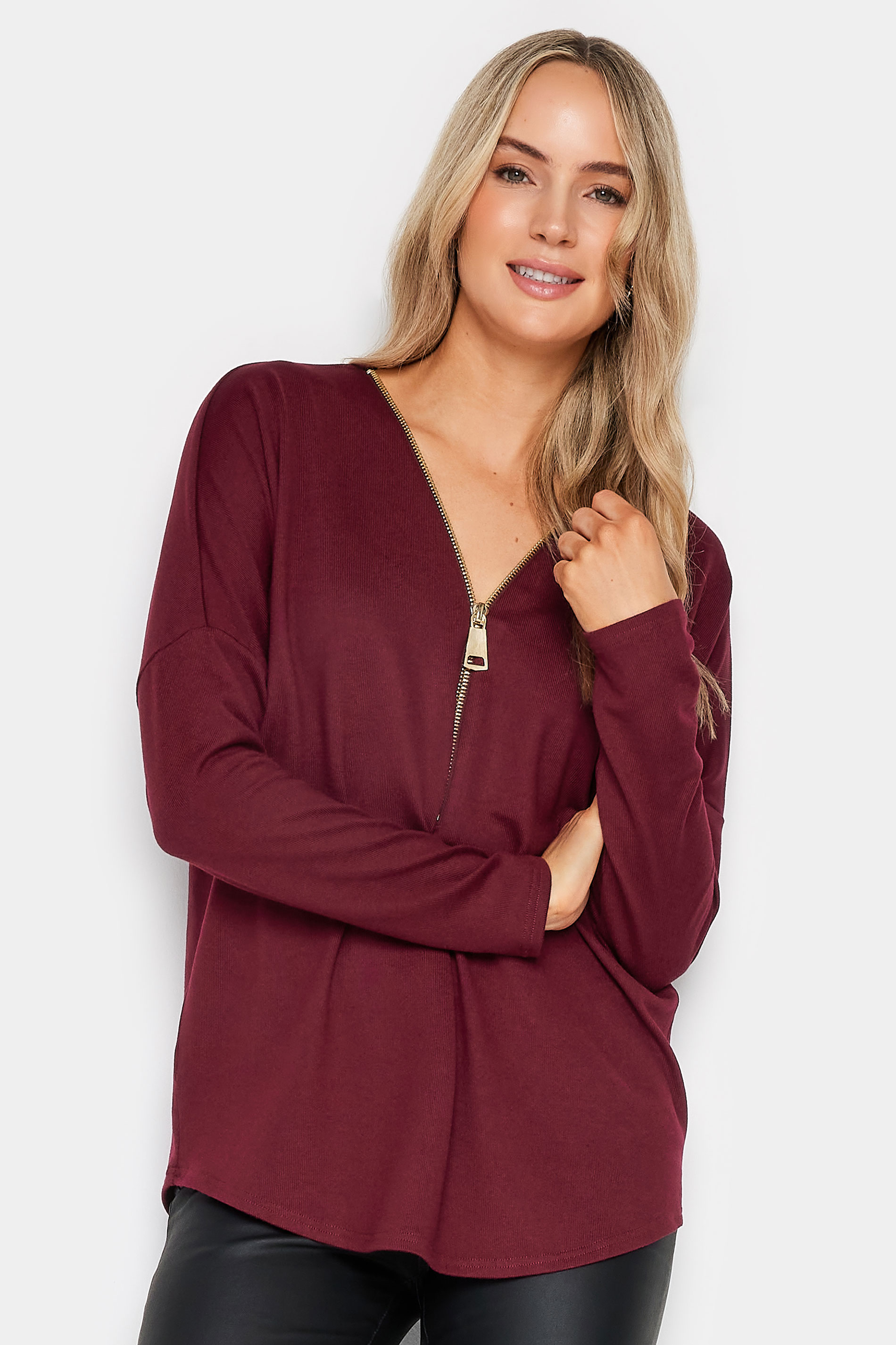 LTS Tall Burgundy Red Zip Front Top | Long Tall Sally  1