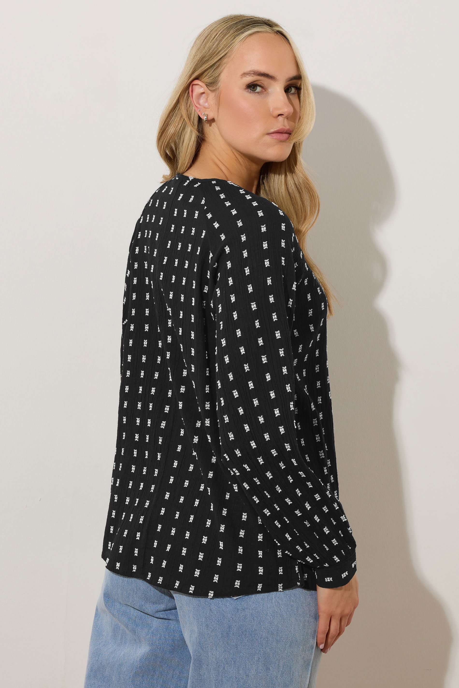 LTS Tall Black Woven Spot Raglan Blouse | Long Tall Sally 3