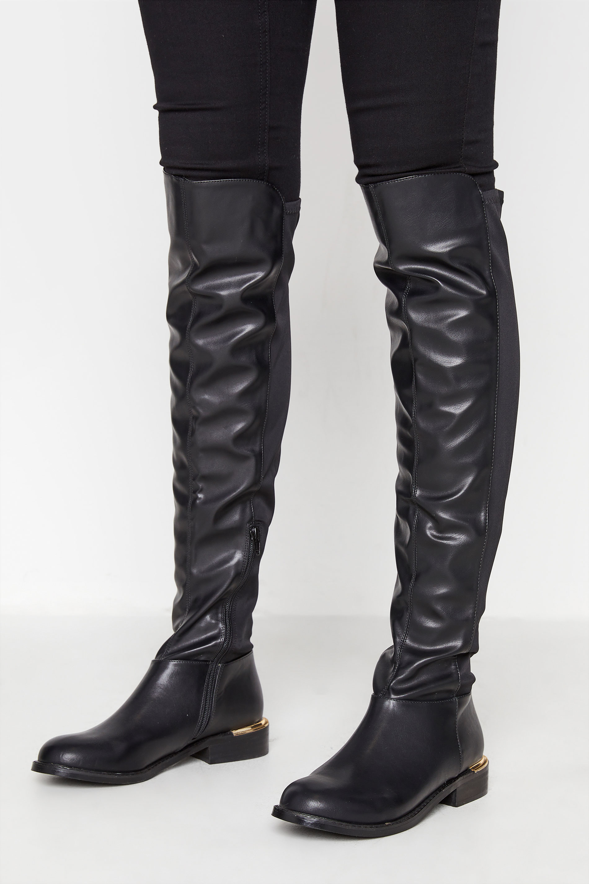 LTS Black Faux Leather Over The Knee Stretch Boots In Standard D Fit | Long Tall Sally 2