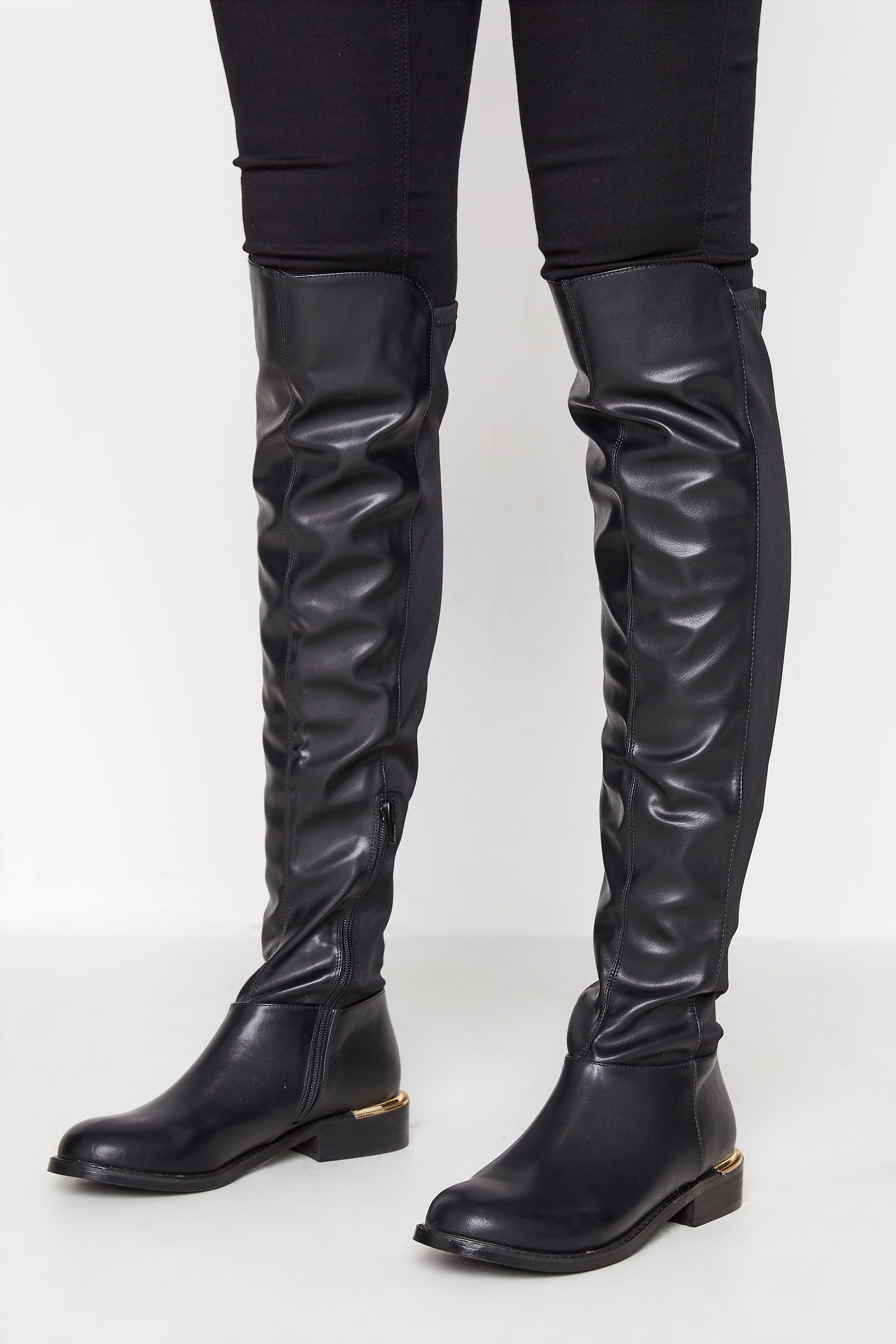 Long black flat leather clearance boots