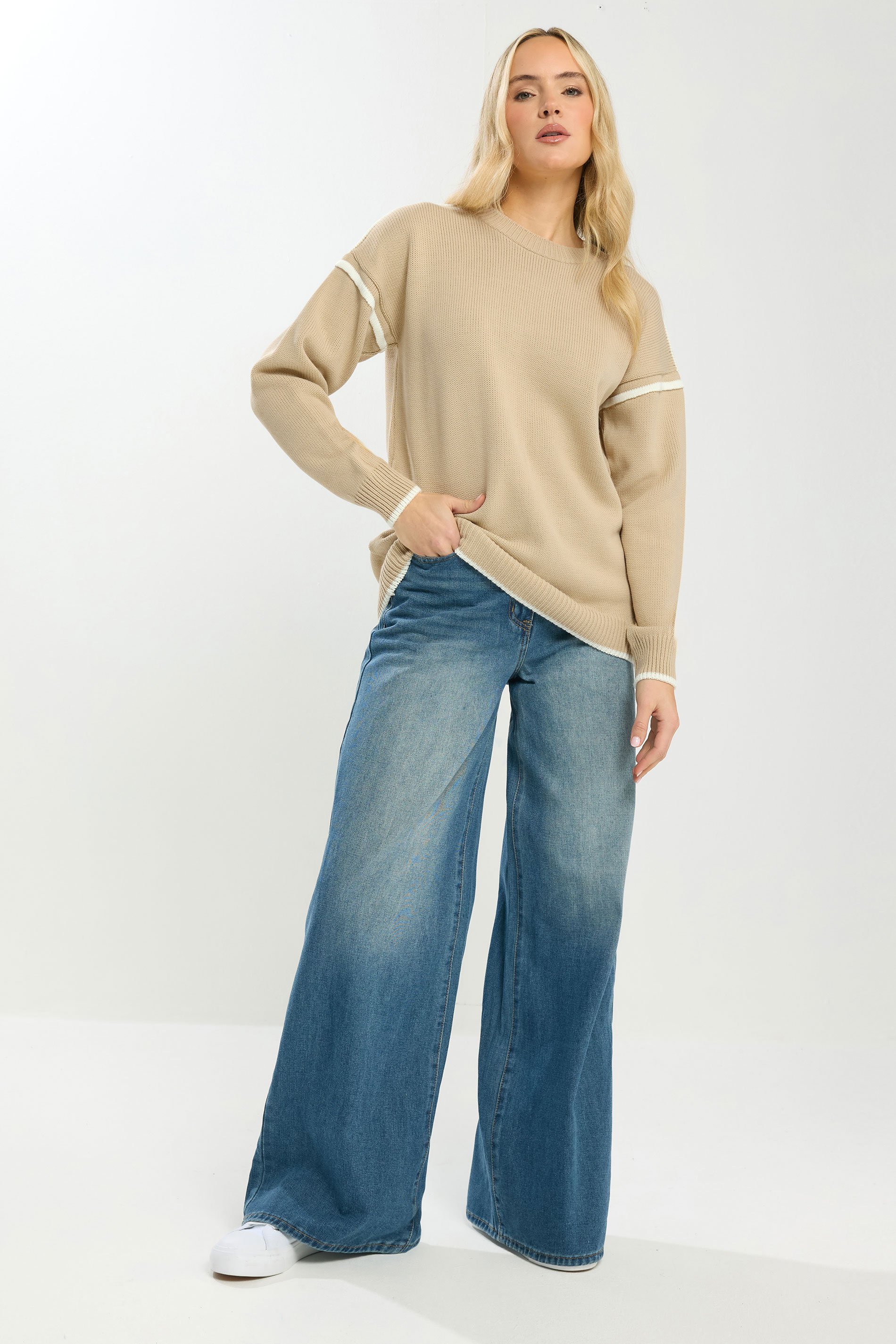 LTS Tall Natural Brown Piped Crew Neck Jumper | Long Tall Sally 2