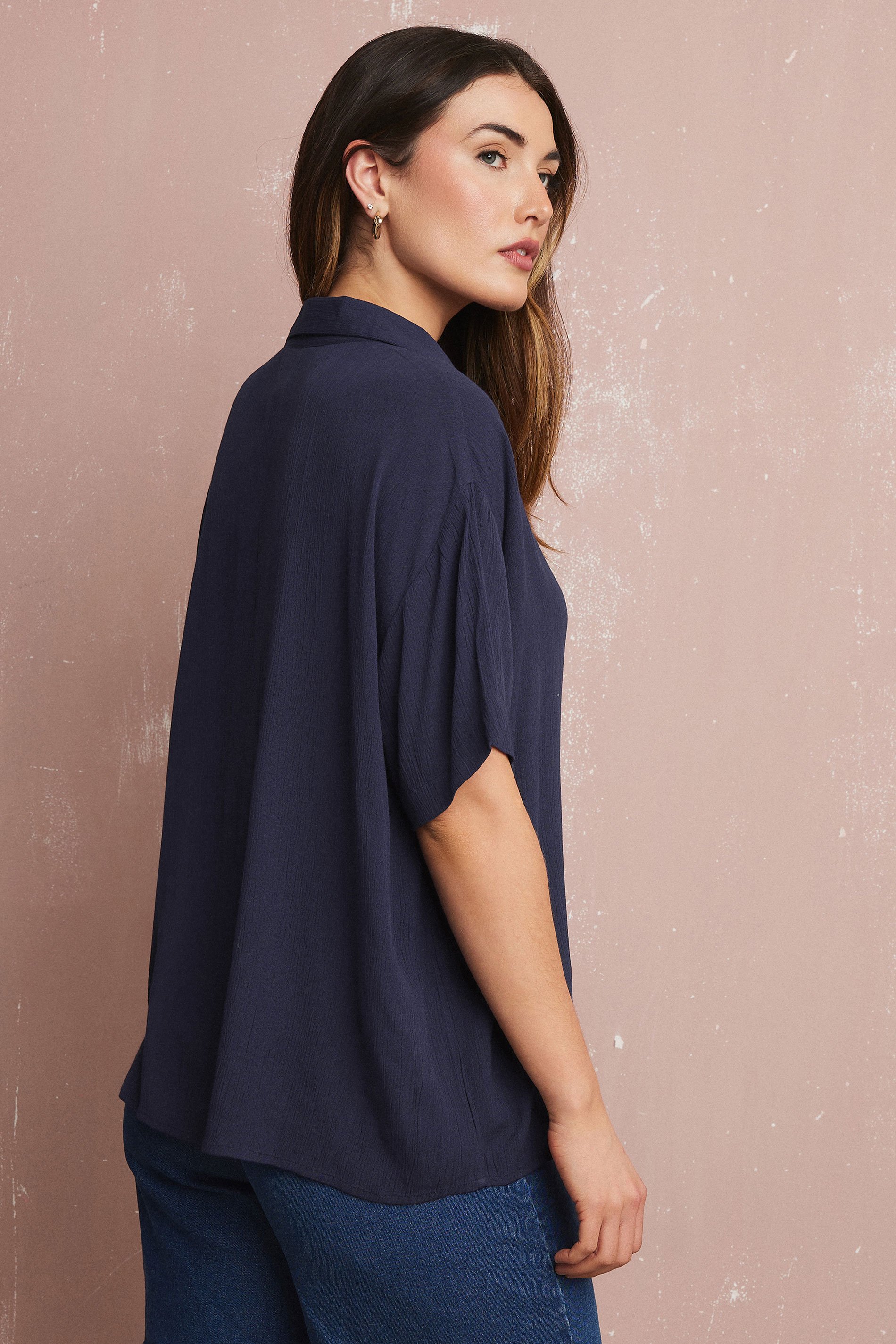 LTS Tall Navy Blue Cotton Crinkle Shirt | Long Tall Sally 3