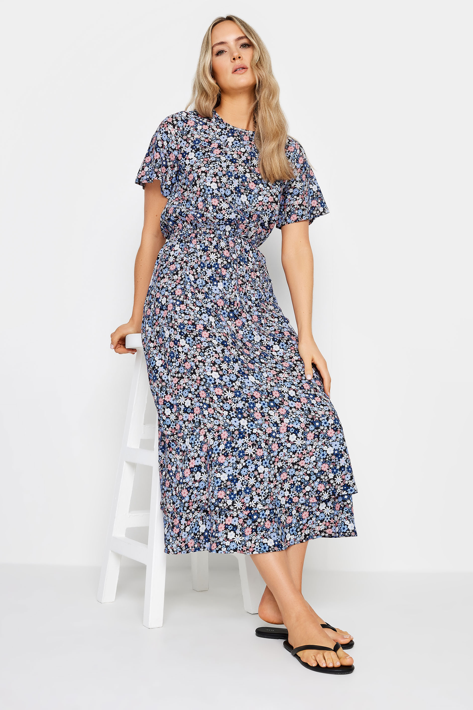 LTS Tall Womens Blue Floral Print Tie Waist Midi Dress | Long Tall Sally 2