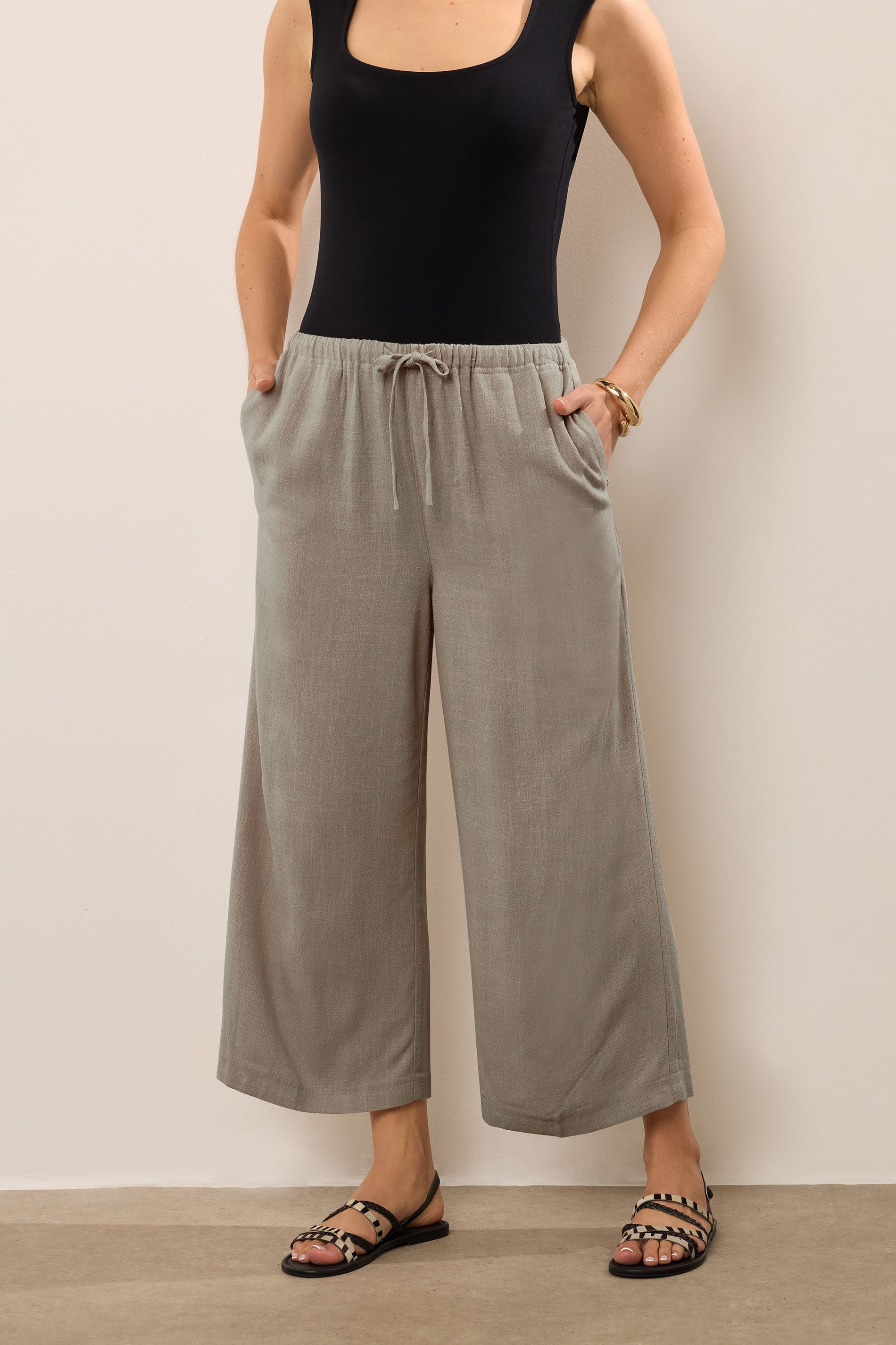 LTS Tall Women's Beige Brown Linen Tie Waist Cropped Trousers | Long Tall Sally  1