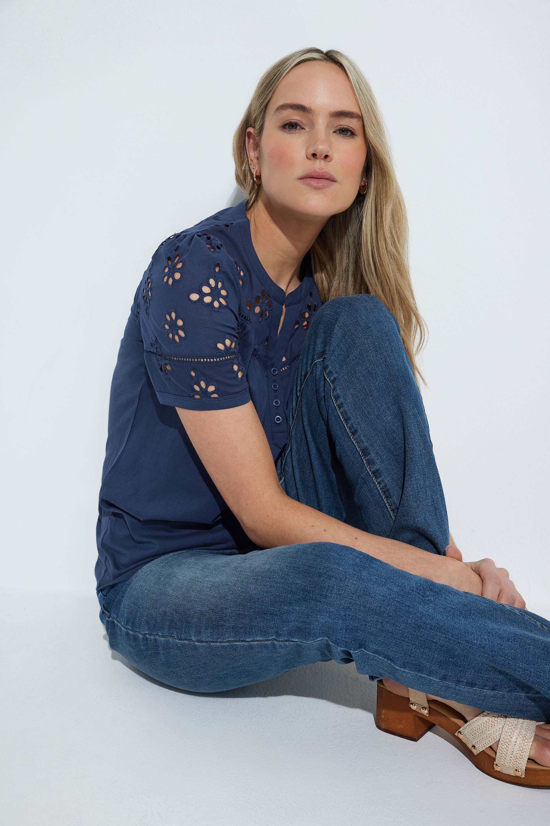 LTS Tall Navy Blue Cotton Broderie Short Sleeve Top | Long Tall Sally 1