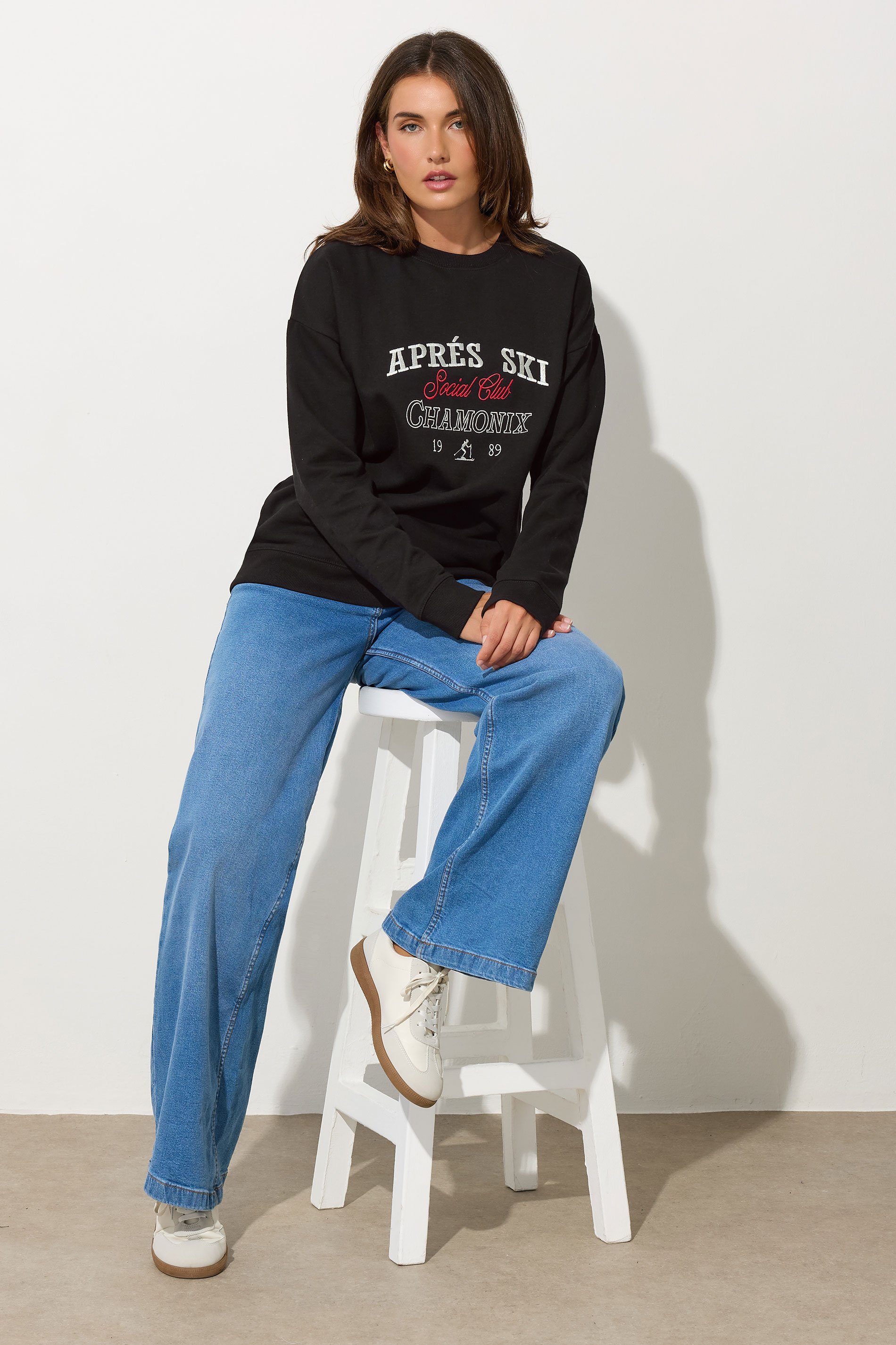 LTS Tall Black 'Apres Ski' Slogan Sweatshirt | Long Tall Sally 3