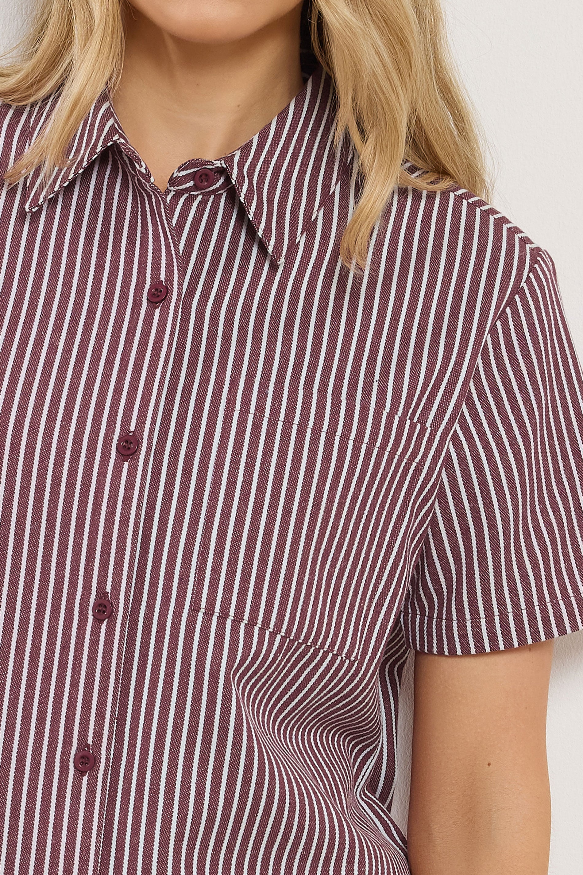 LTS Tall Women's Set Burgundy Red Stripe Cotton Shirt & Shorts | Long Tall Sally 5