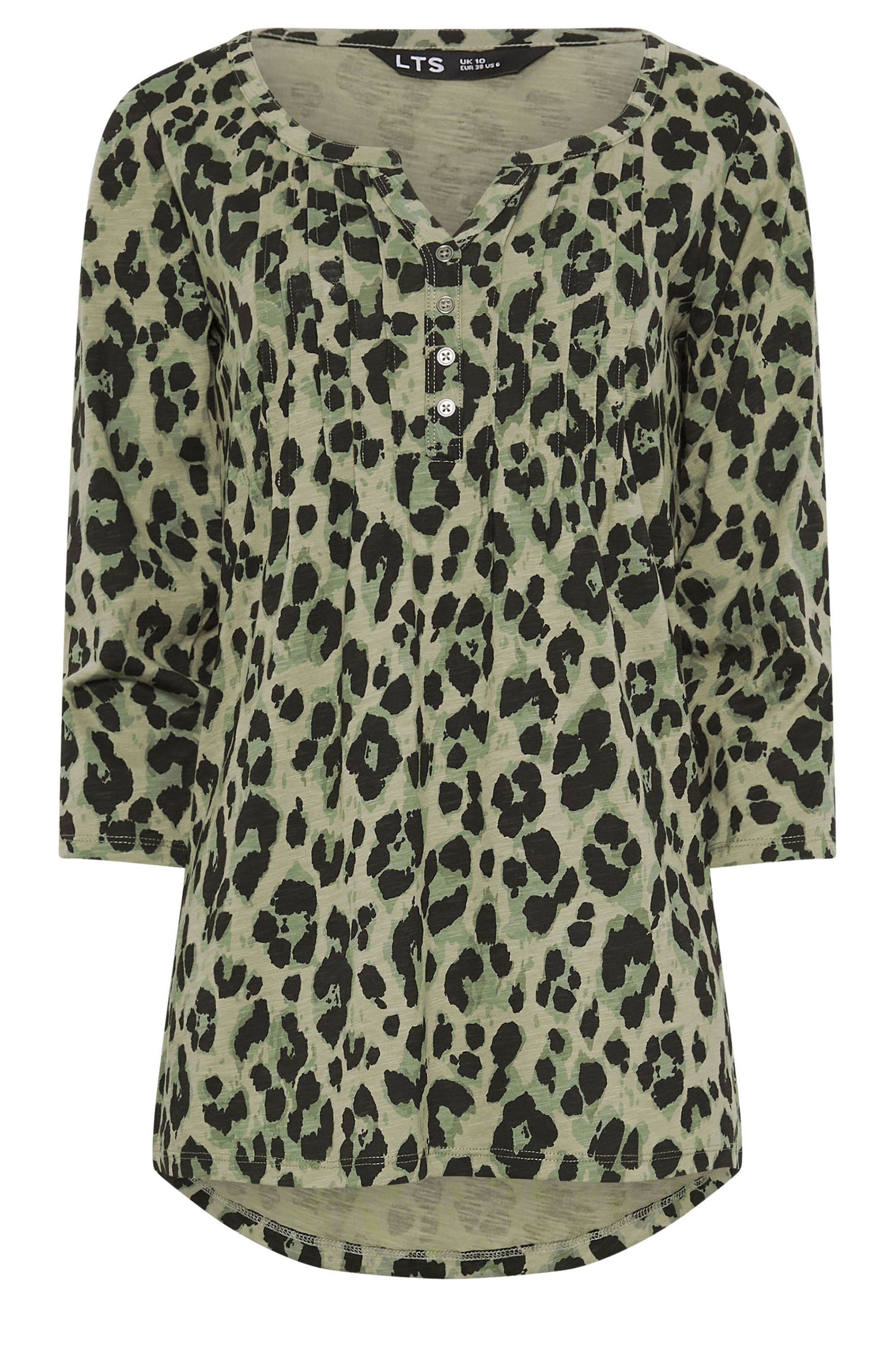 LTS Tall Khaki Green Leopard Print Henley Top | Long Tall Sally 5
