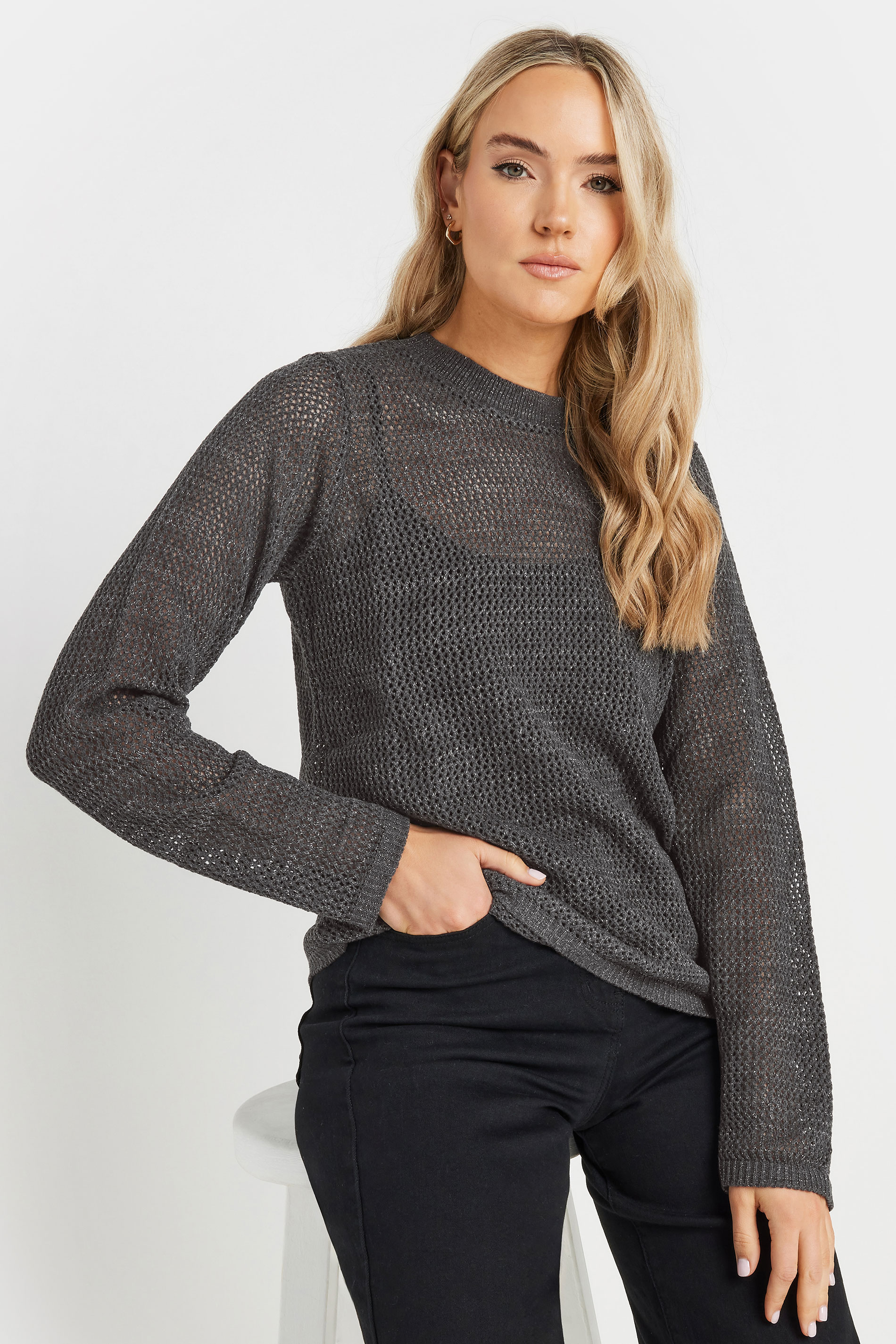 LTS Tall Charcoal Grey Metallic Pointelle Jumper | Long Tall Sally  1