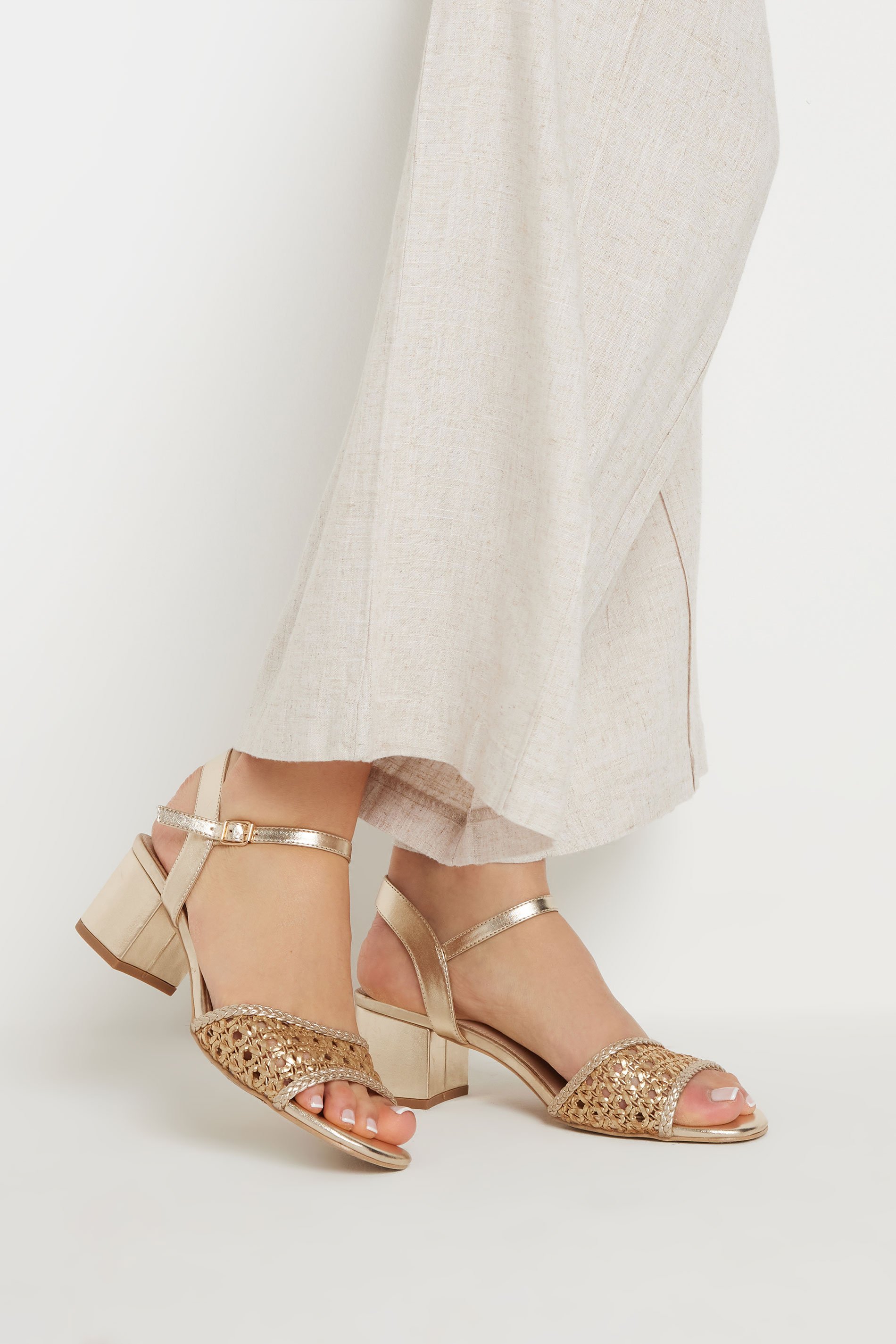 LTS Gold Woven Strap Open Toe Block Heel In Standard Fit | Long Tall Sally 1