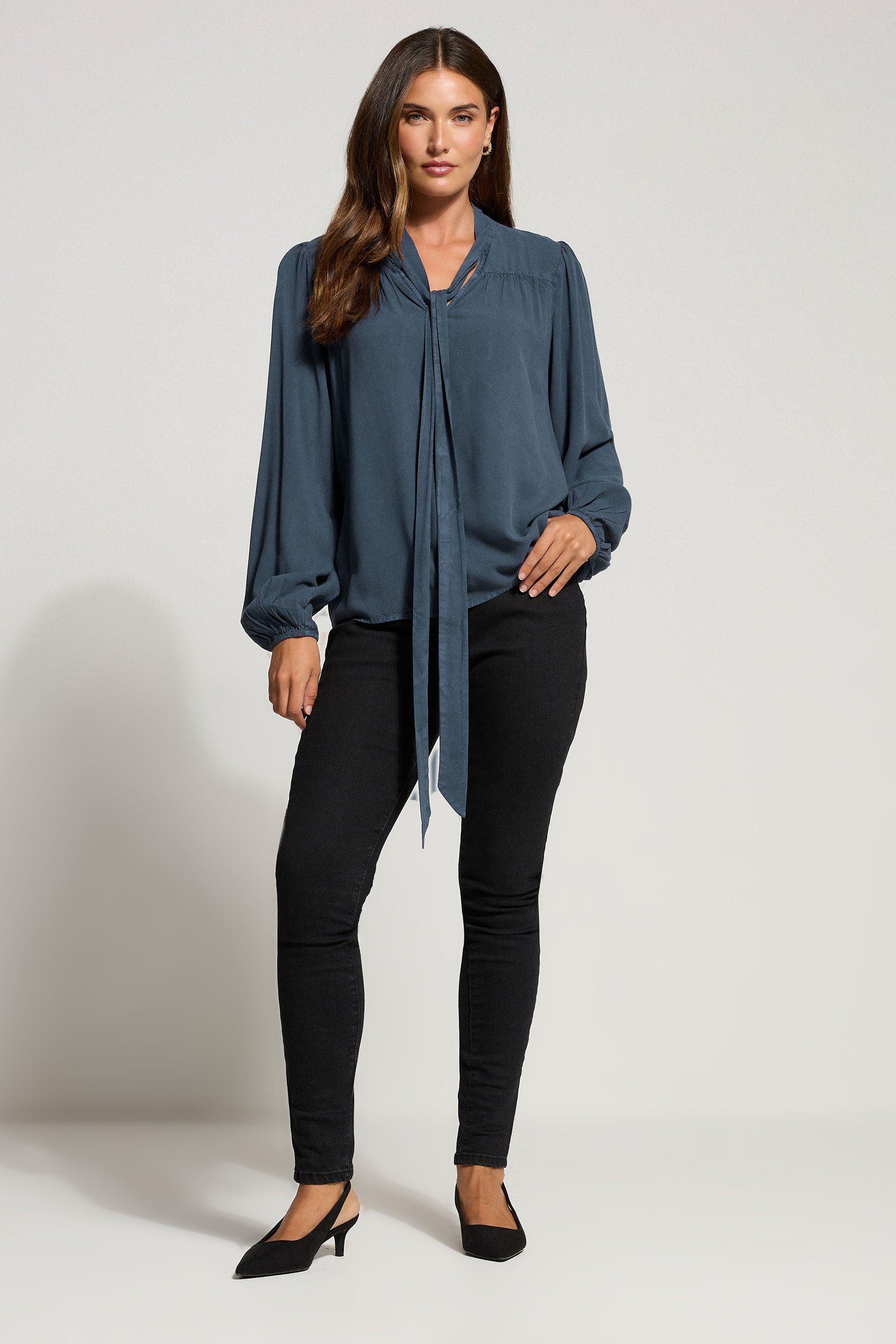 LTS Tall Indigo Blue Acid Wash Tie Neck Blouse | Long Tall Sally 2