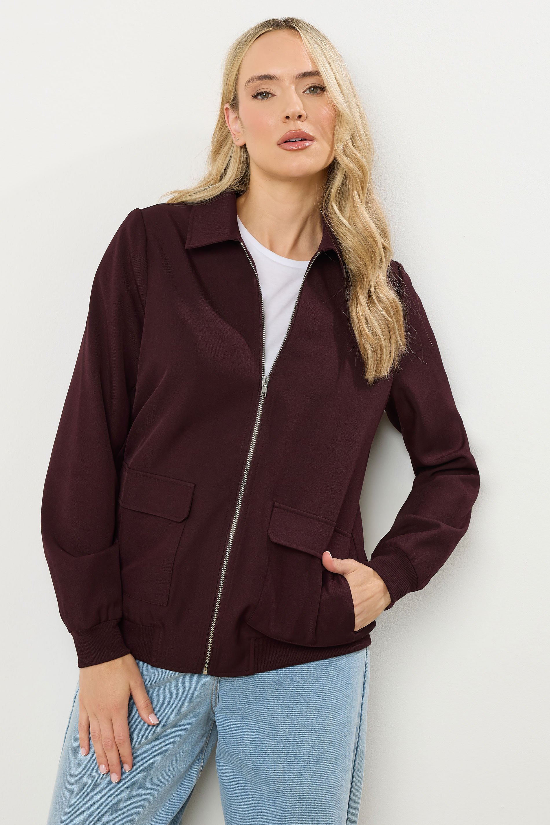 LTS Tall Burgundy Red Pocket Bomber Jacket | Long Tall Sally 1