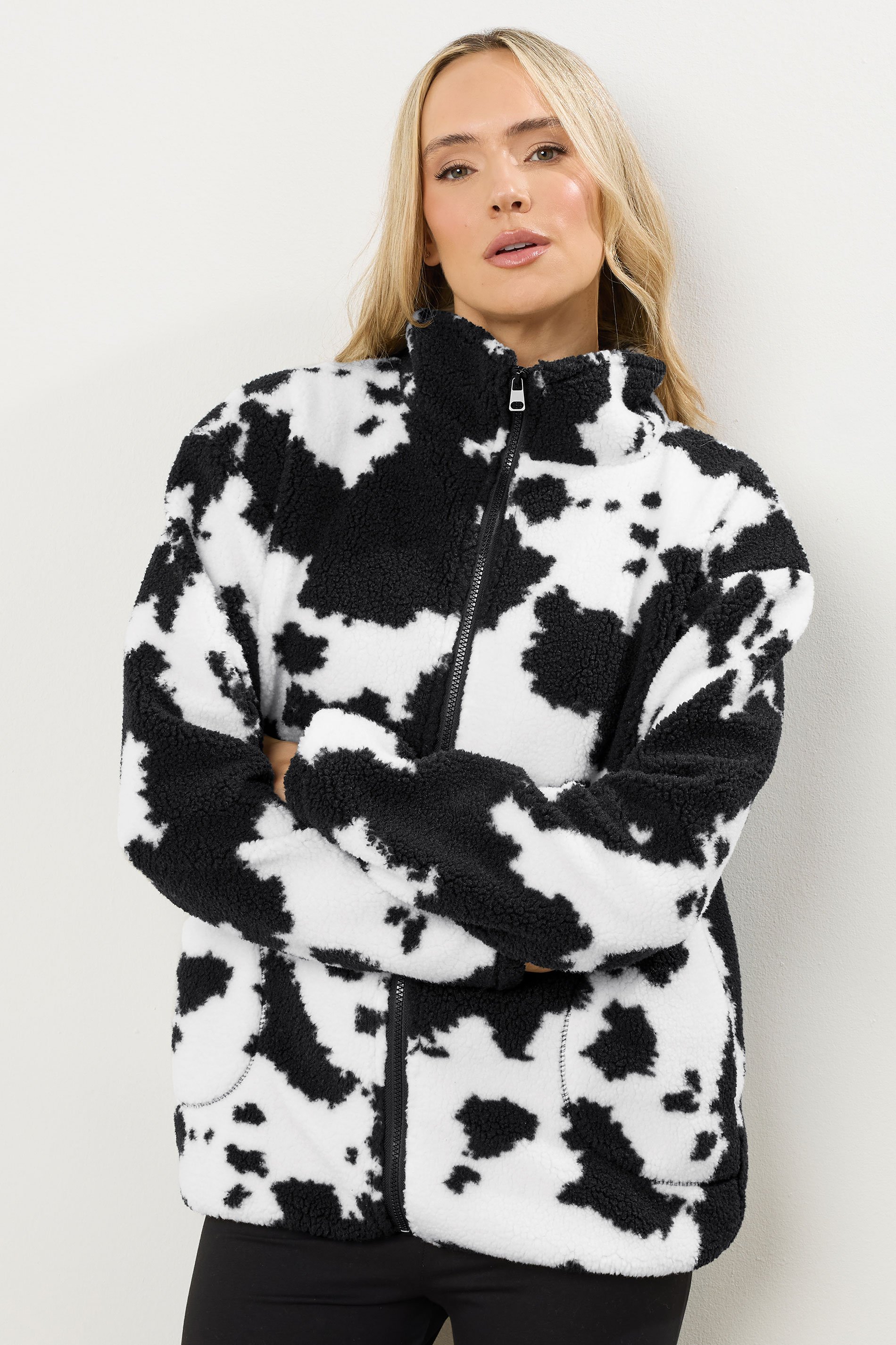 LTS Tall Black Cow Print Zip Fleece Jacket | Long Tall Sally 2