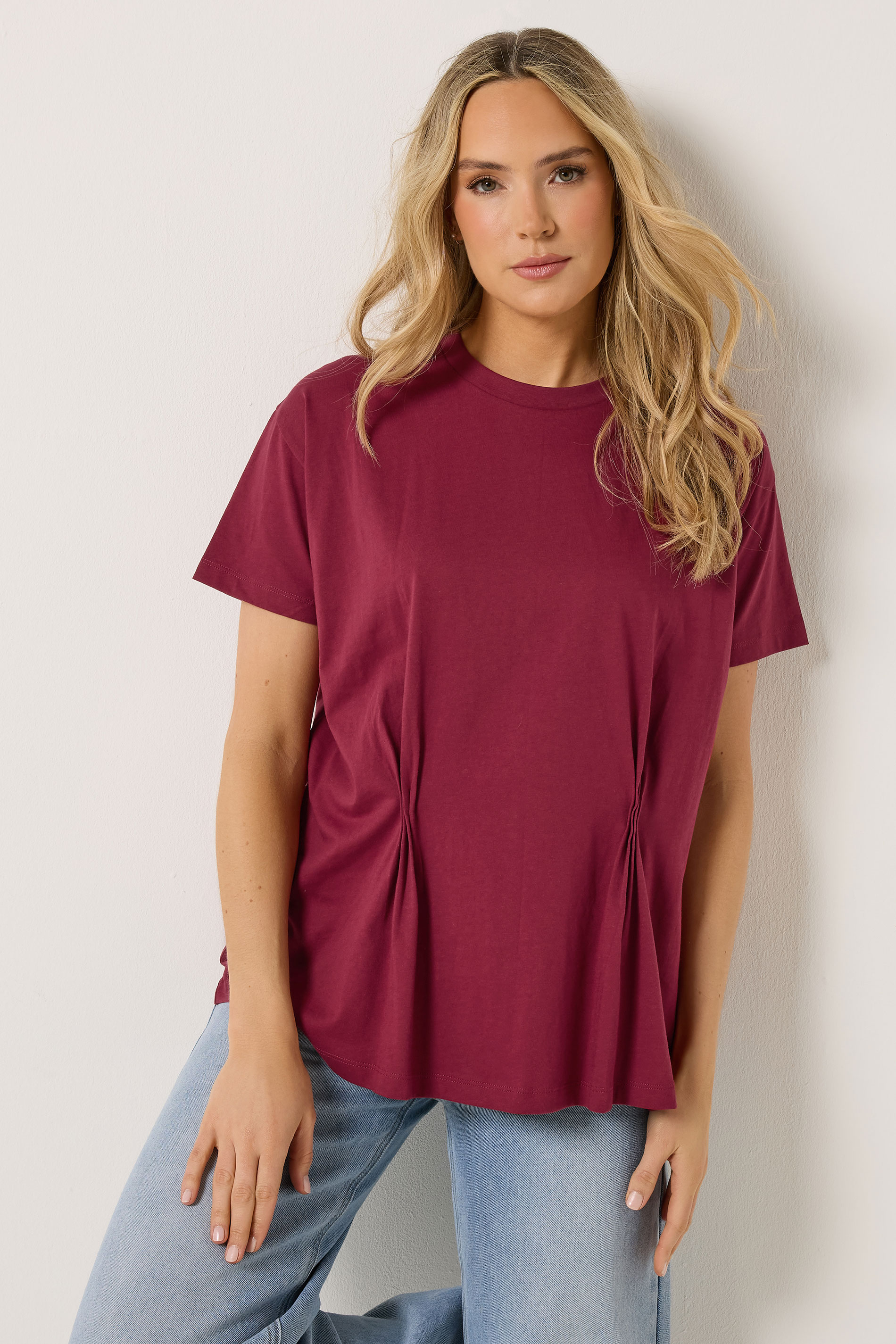 LTS Tall Women's Burgundy Red Pleat Front Cotton T-Shirt | Long Tall Sally 1