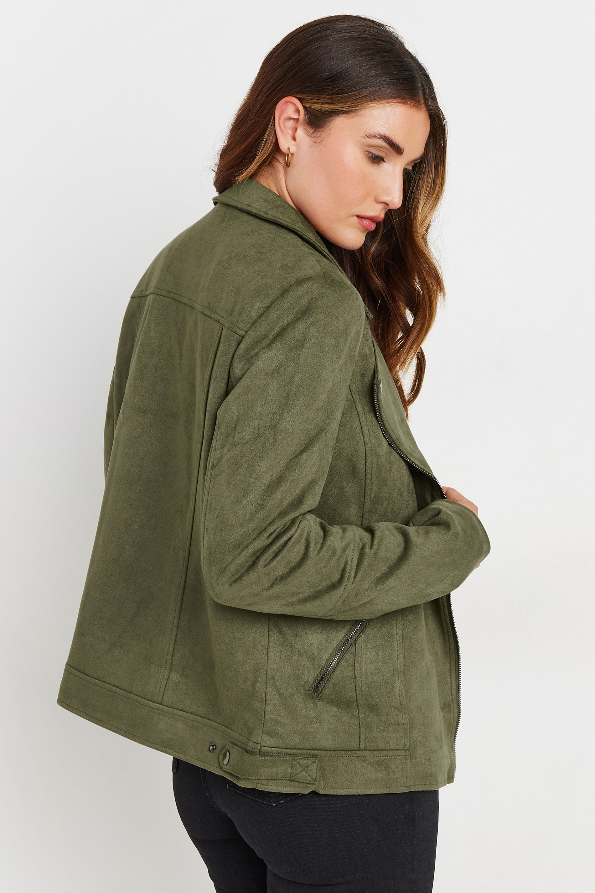 LTS Tall Olive Green Faux Suede Biker Jacket | Long Tall Sally 4