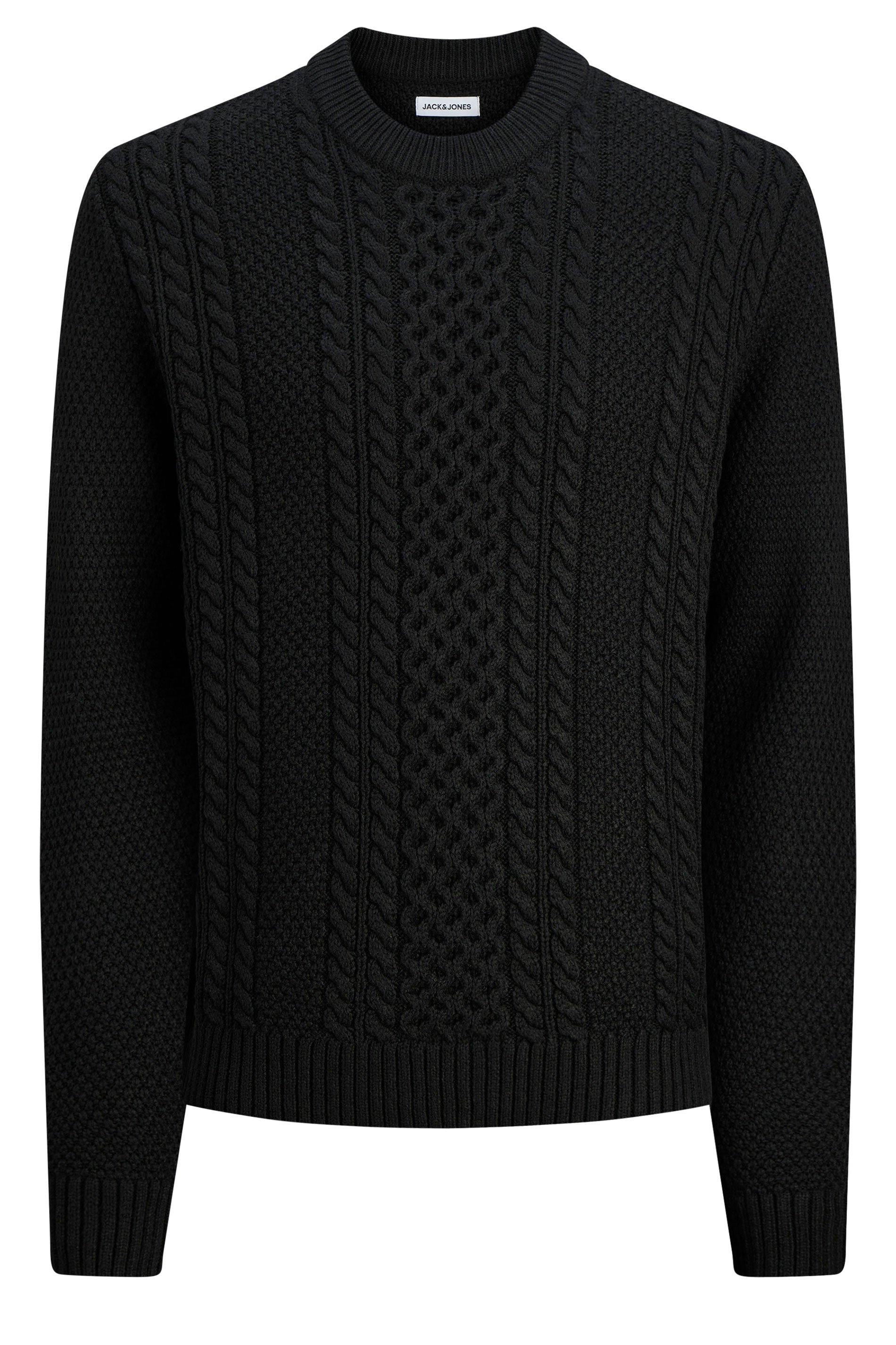 JACK & JONES Big & Tall Black Cable Knit Jumper | BadRhino 1