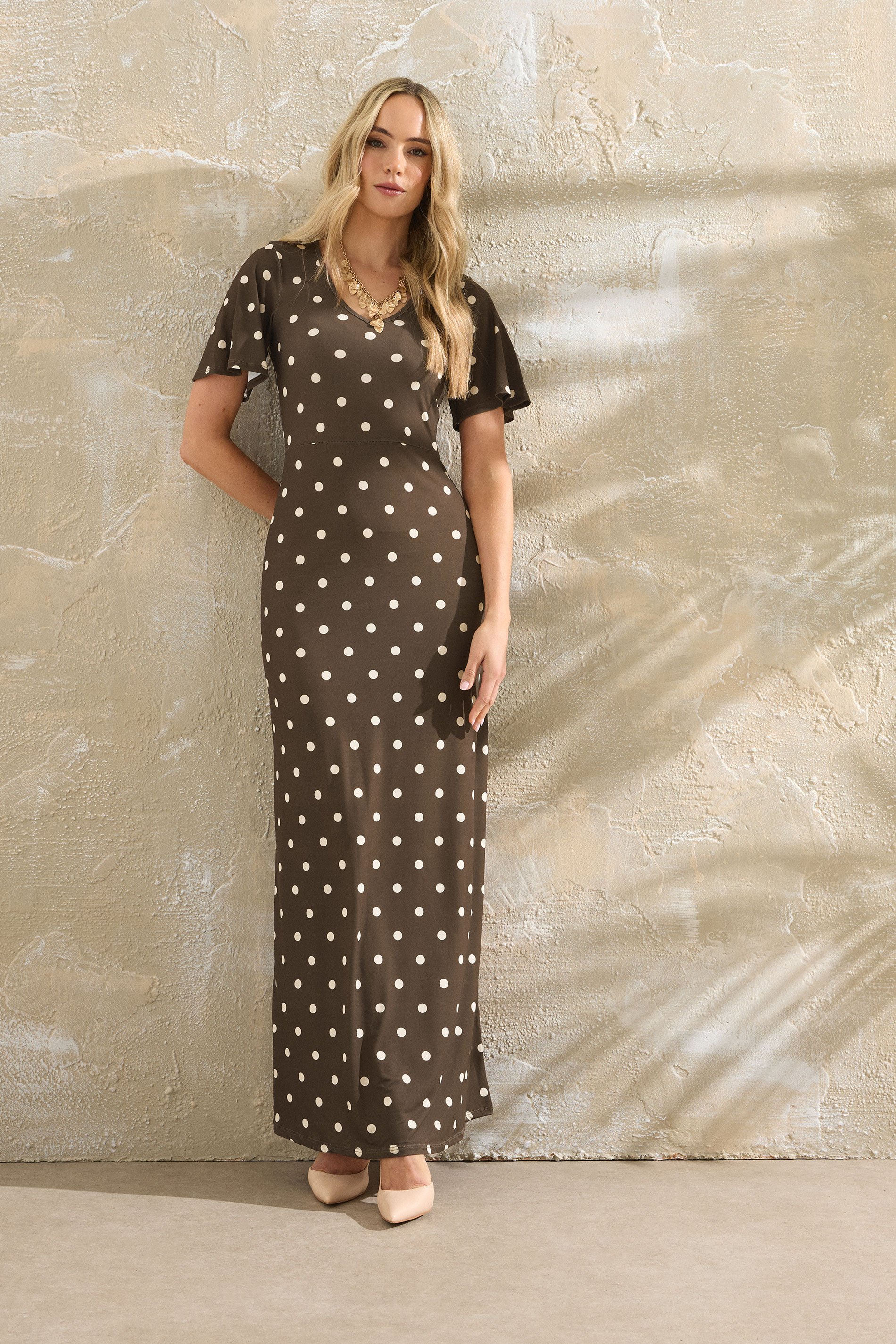 LTS Tall Brown Spot Angel Sleeve Maxi Dress | Long Tall Sally 1