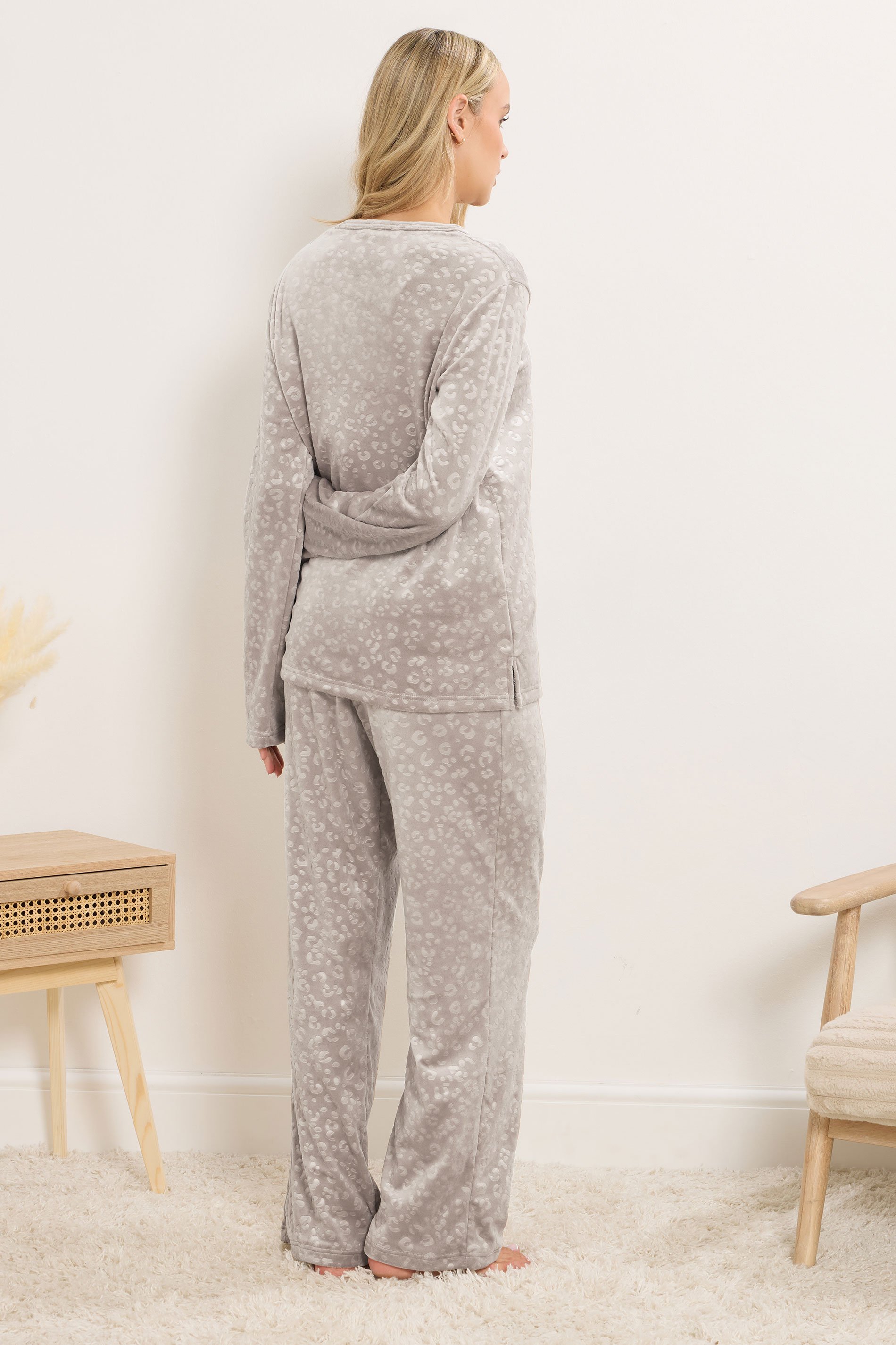 LTS Tall Stone Brown Leopard Embossed Luxe Fleece Pyjama Set | Long Tall Sally 3
