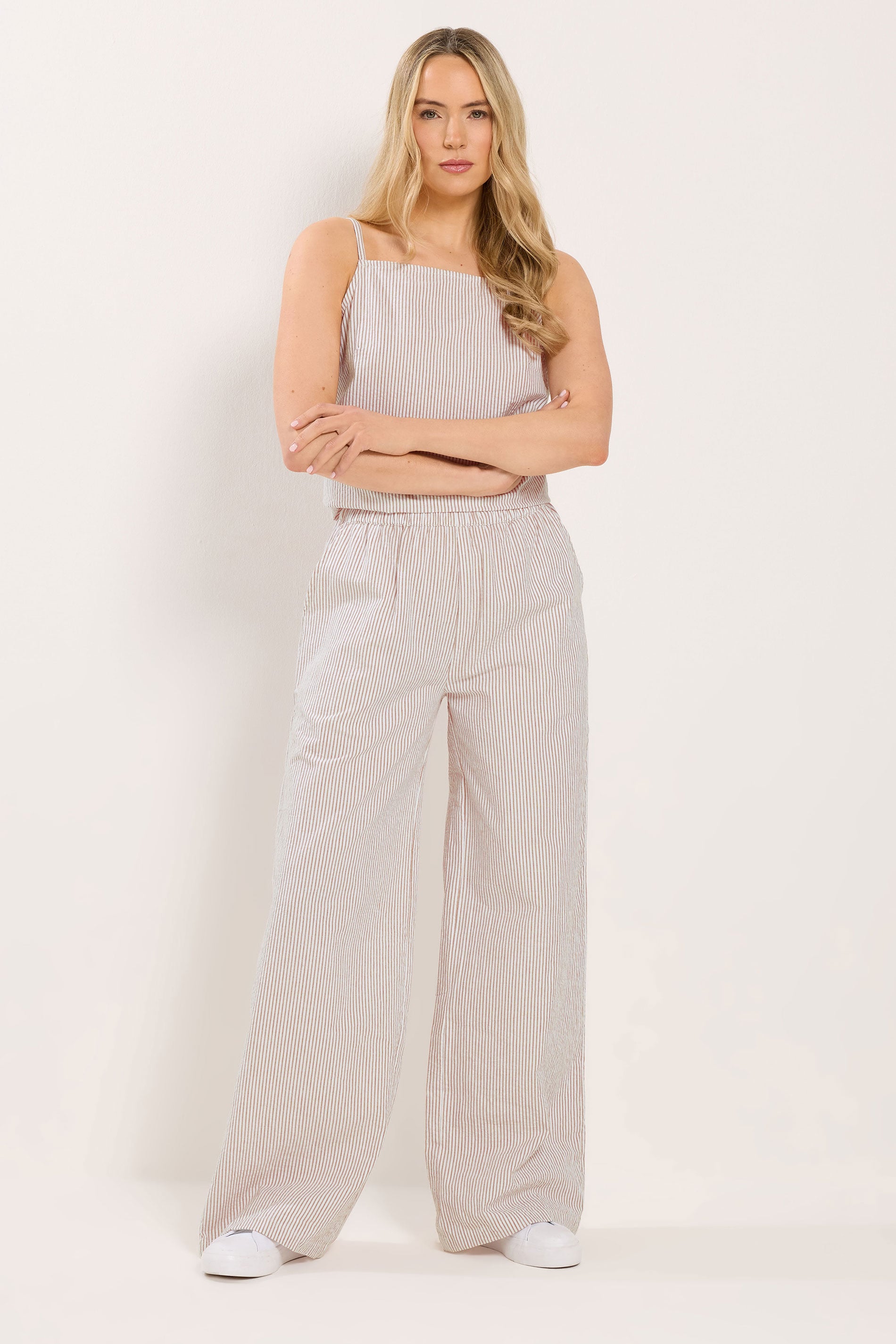 LTS Tall Women's Set Camel Brown Stripe Cotton Vest Top & Trousers | Long Tall Sally  3
